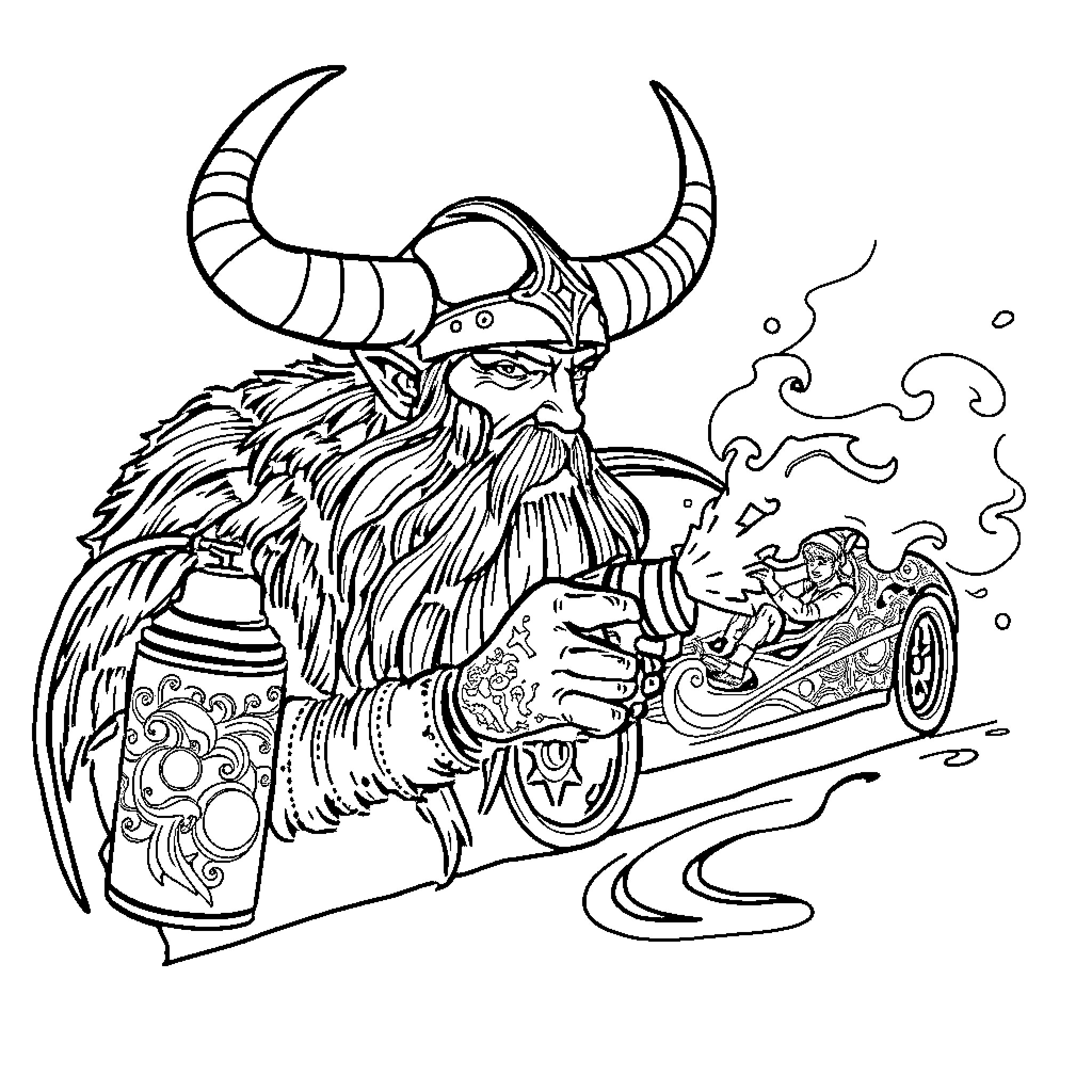 Viking warrior riding an armored vehicle with flames Coloring Page (free black-and-white line drawing printable PDF for all, from beginners to advanced learners, including children, teens, adults, and seniors)