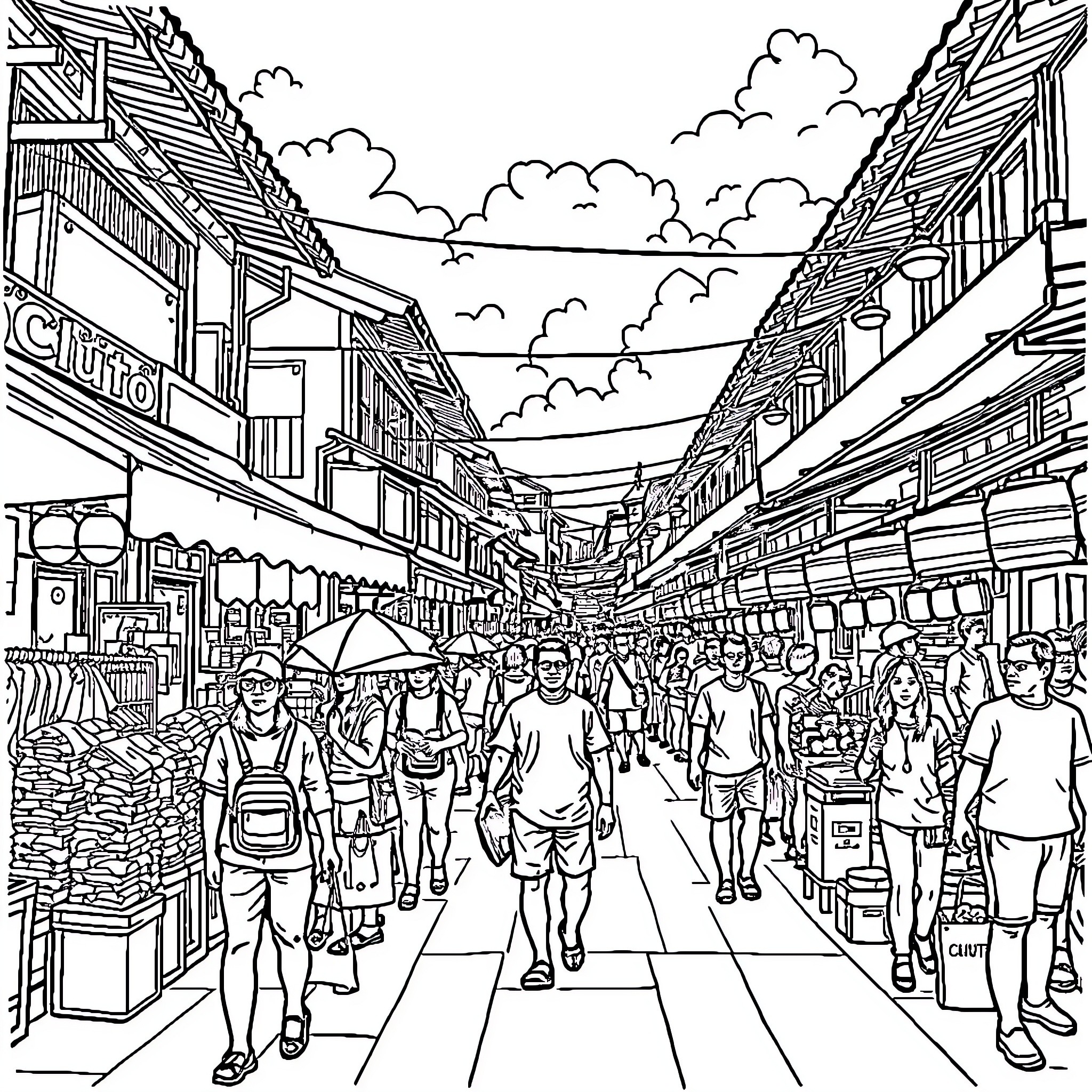 Chuto: Bustling street market with diverse people and vendors Coloring Page (free black-and-white line drawing printable PDF for all, from beginners to advanced learners, including children, teens, adults, and seniors)
