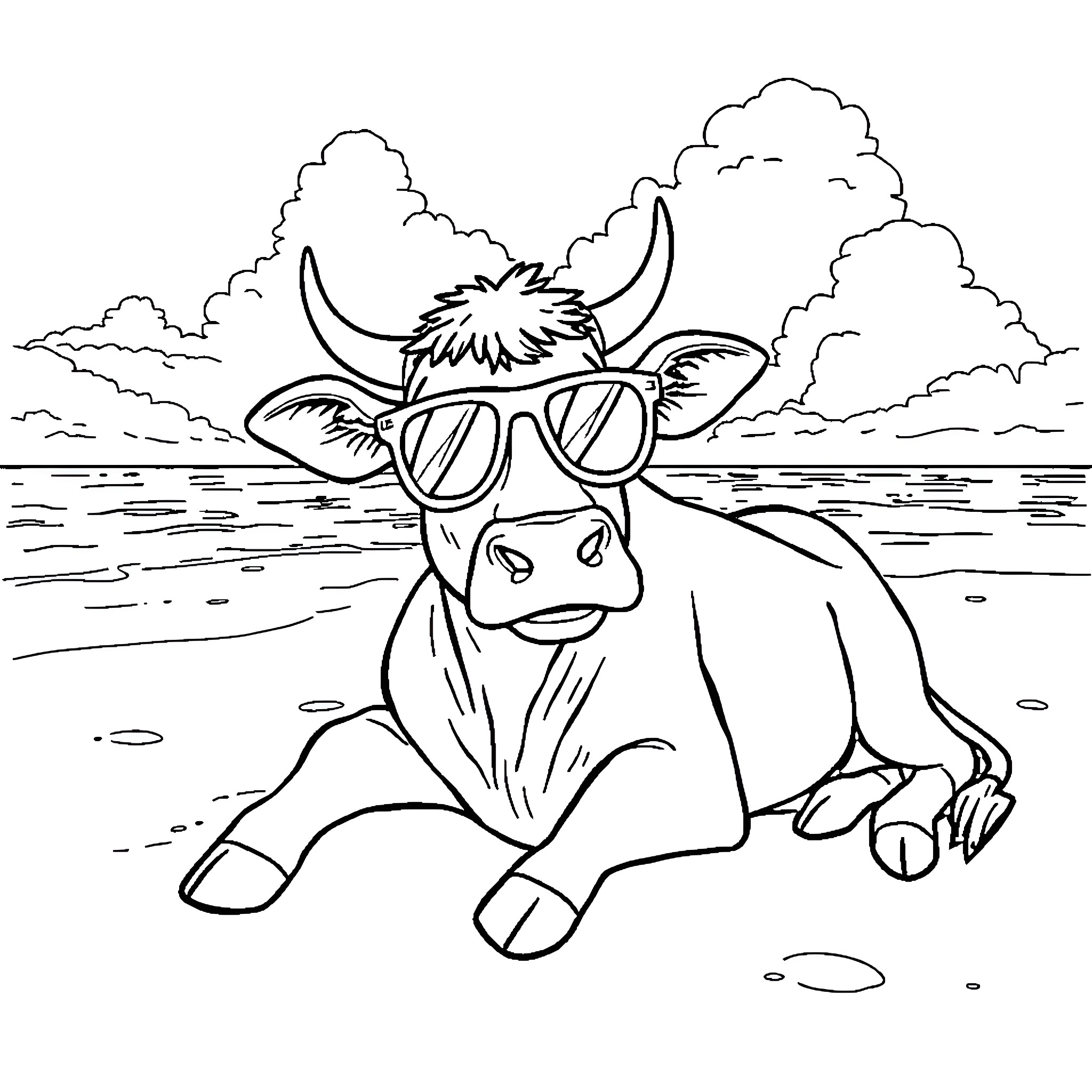 Cow wearing sunglasses relaxing on the beach Coloring Page (free black-and-white line drawing printable PDF for all, from beginners to advanced learners, including children, teens, adults, and seniors)