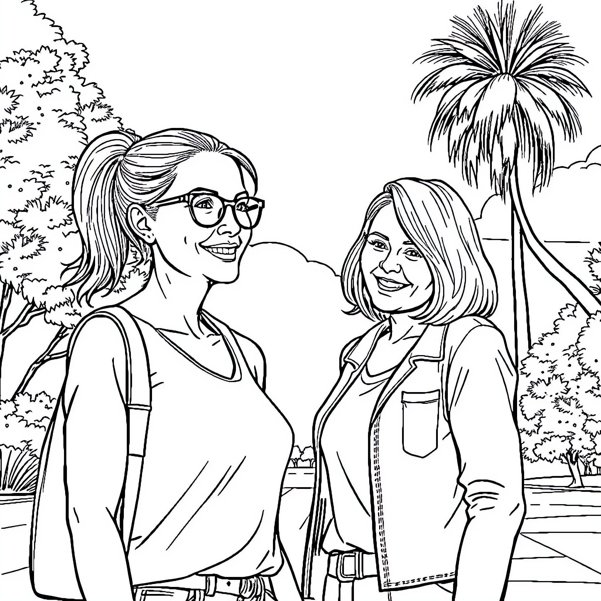 Woman on trip with friends enjoying nature Coloring Page (free black-and-white line drawing printable PDF for all, from beginners to advanced learners, including children, teens, adults, and seniors)