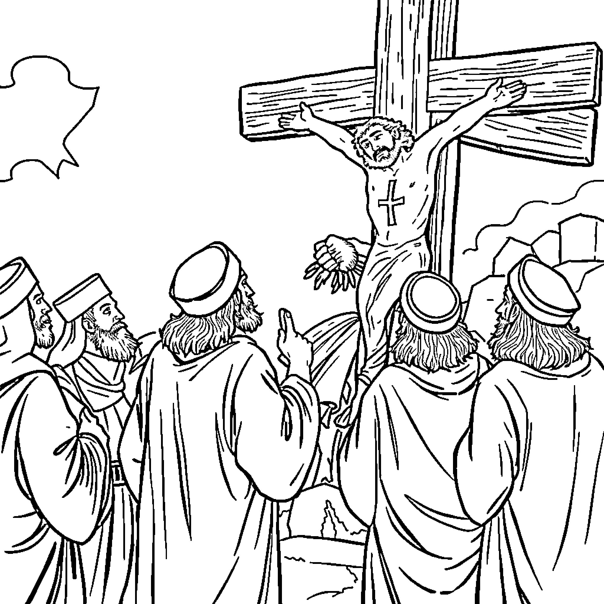 Scribe depicting a religious ceremony with cross and figures Coloring Page (free black-and-white line drawing printable PDF for all, from beginners to advanced learners, including children, teens, adults, and seniors)