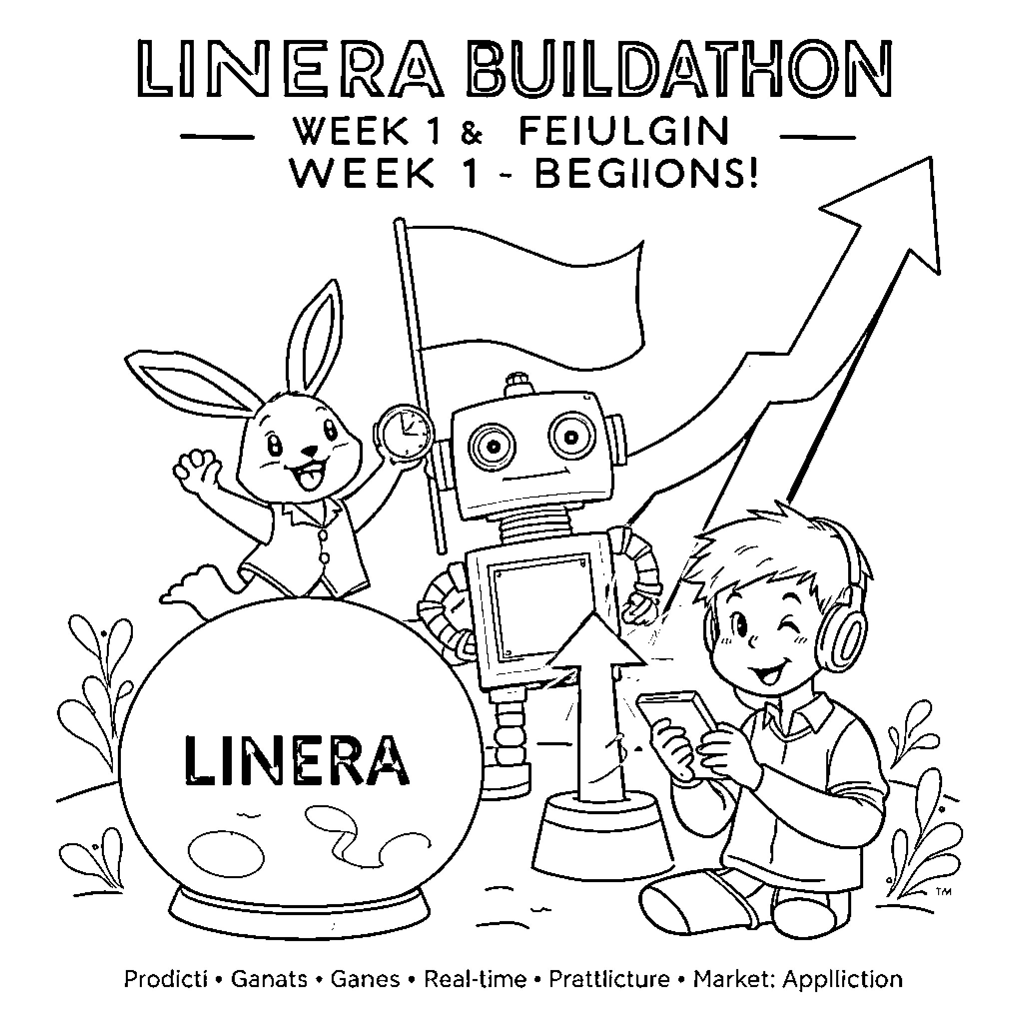 Rabbit and robot celebrate Linera Buildathon Coloring Page (free black-and-white line drawing printable PDF for all, from beginners to advanced learners, including children, teens, adults, and seniors)