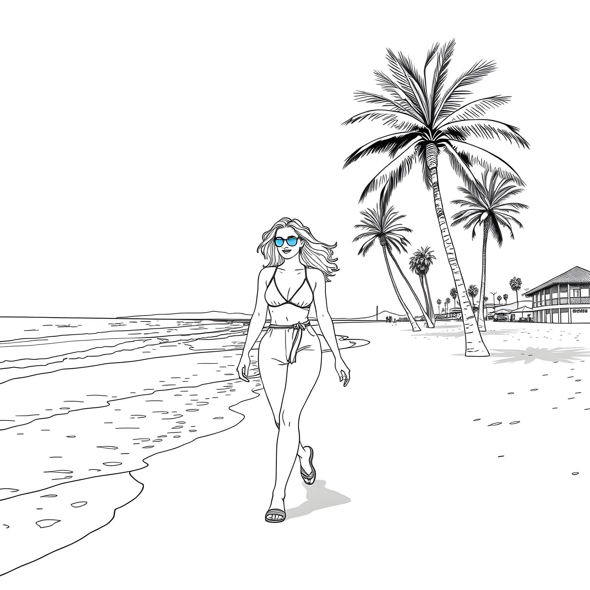 Lady enjoying a sunny day at the beach Coloring Page (free black-and-white line drawing printable PDF for all, from beginners to advanced learners, including children, teens, adults, and seniors)