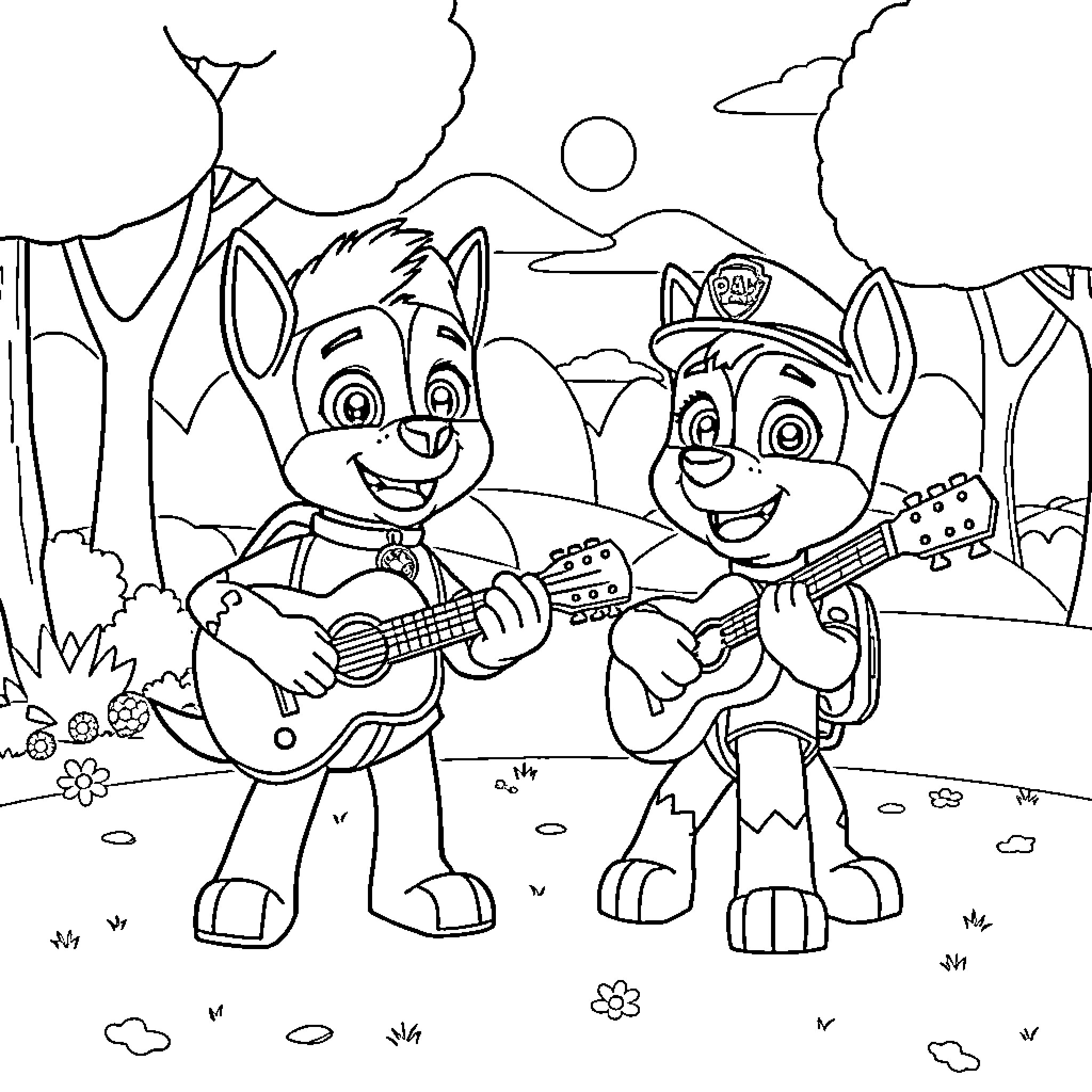 Chase the pups jamming with guitars in the park Coloring Page (free black-and-white line drawing printable PDF for all, from beginners to advanced learners, including children, teens, adults, and seniors)