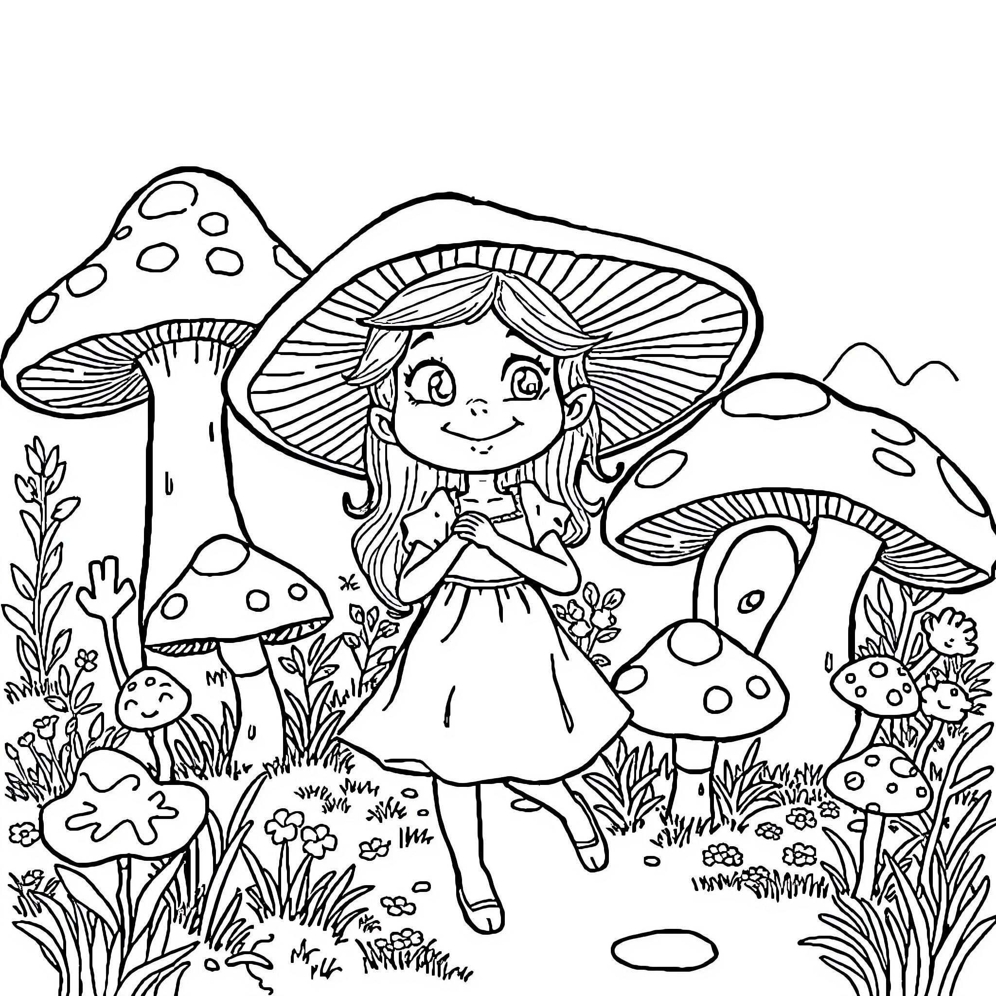 Smurfette exploring the whimsical mushroom forest Coloring Page (free black-and-white line drawing printable PDF for all, from beginners to advanced learners, including children, teens, adults, and seniors)