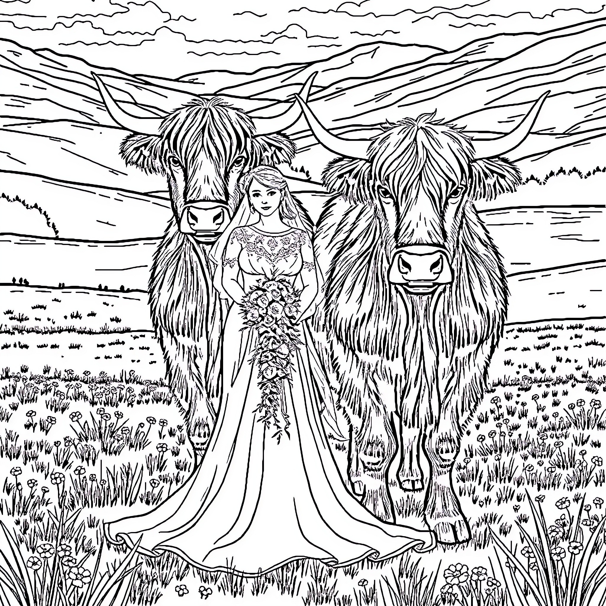 Highland Cattle wedding in the countryside Coloring Page (free black-and-white line drawing printable PDF for all, from beginners to advanced learners, including children, teens, adults, and seniors)