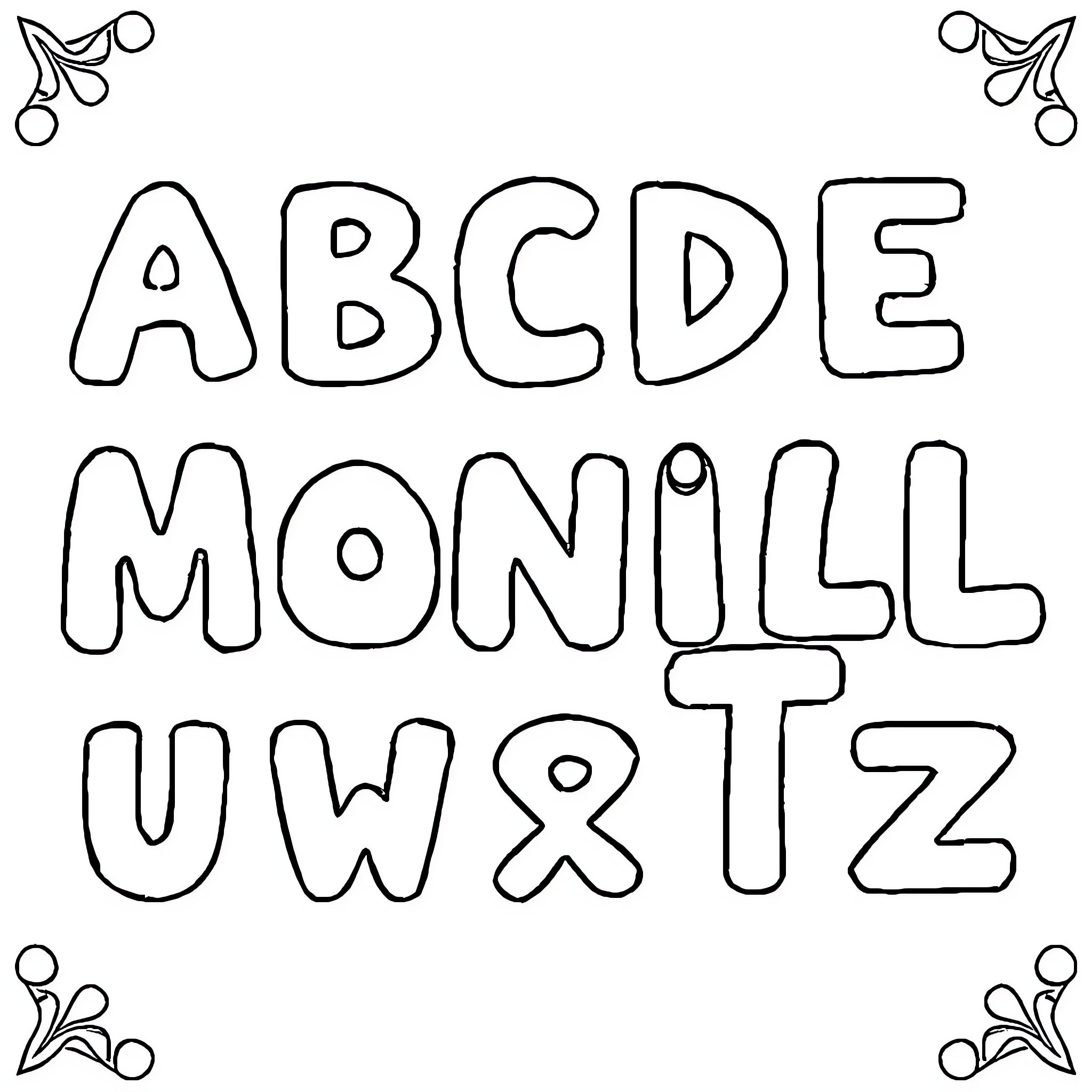 Alphabet of playful letters Coloring Page (free black-and-white line drawing printable PDF for all, from beginners to advanced learners, including children, teens, adults, and seniors)