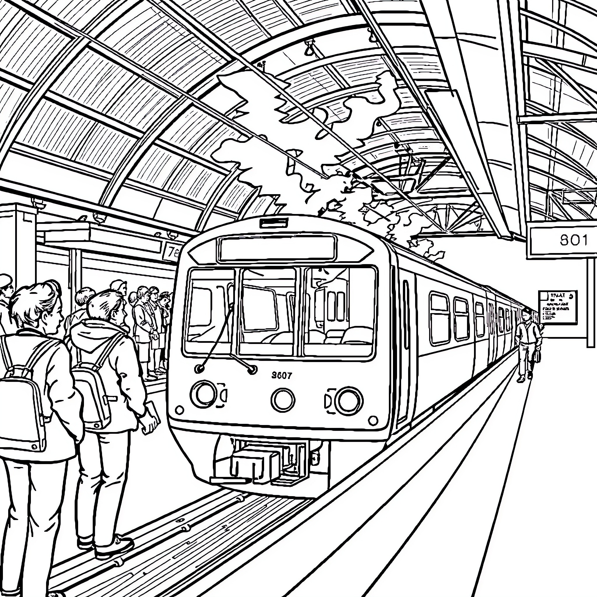 Train passengers waiting at the station platform Coloring Page (free black-and-white line drawing printable PDF for all, from beginners to advanced learners, including children, teens, adults, and seniors)