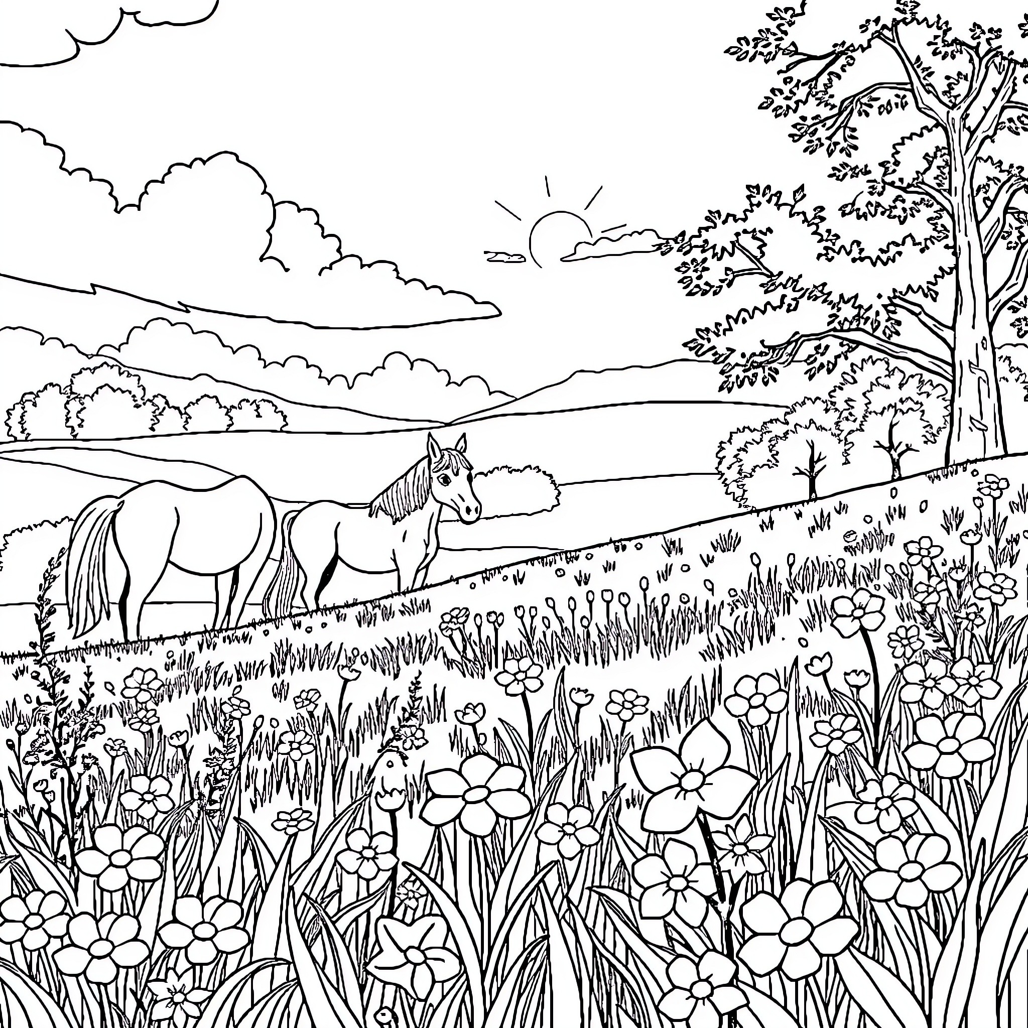 Horse grazing peacefully in idyllic countryside scene Coloring Page (free black-and-white line drawing printable PDF for all, from beginners to advanced learners, including children, teens, adults, and seniors)