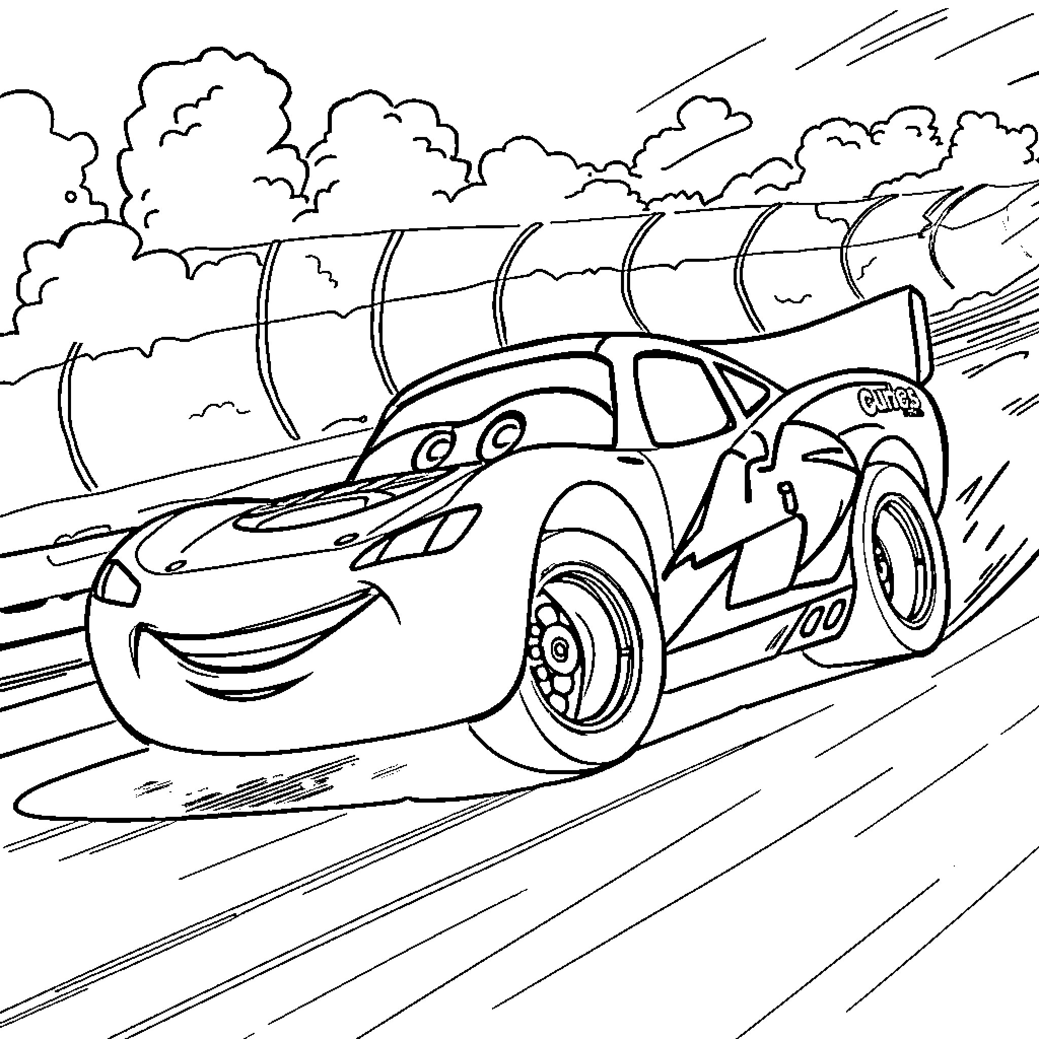 Lightning McQueen racing on the track with speed Coloring Page (free black-and-white line drawing printable PDF for all, from beginners to advanced learners, including children, teens, adults, and seniors)