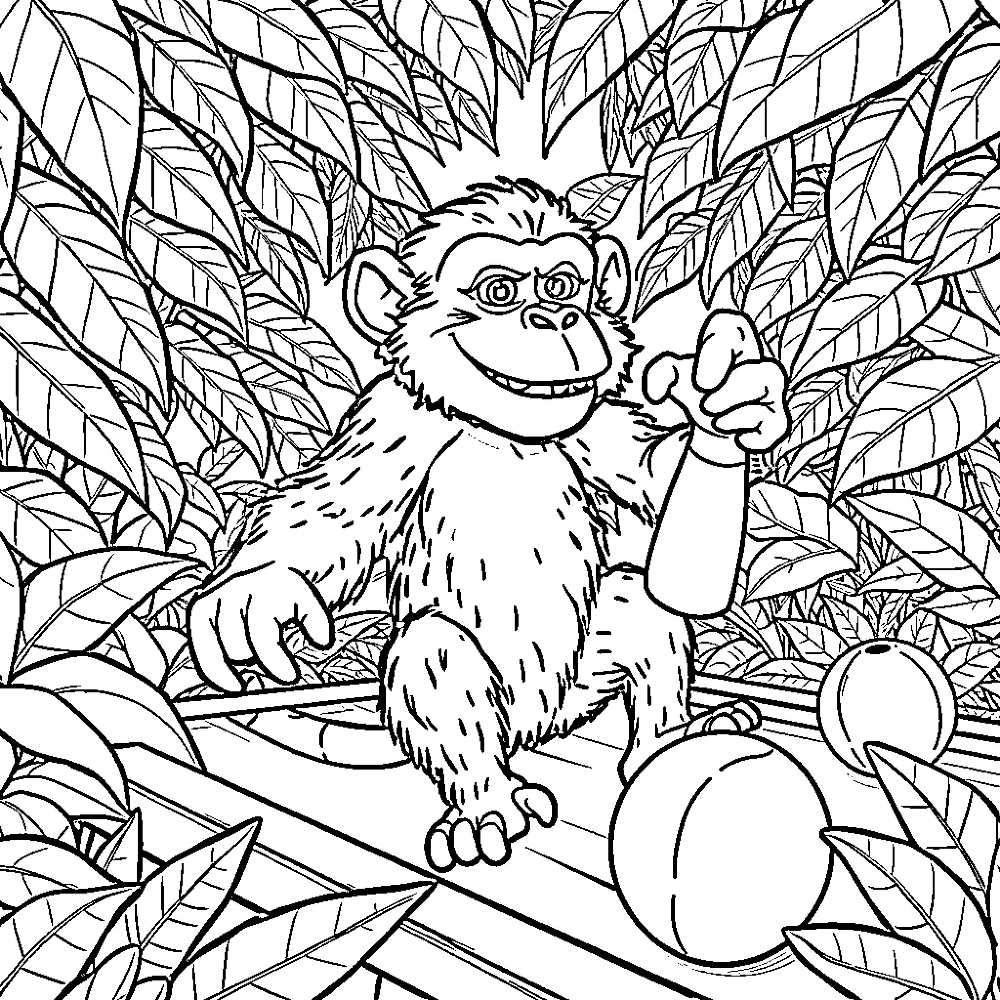 Monkey playing joyfully in the lush foliage Coloring Page (free black-and-white line drawing printable PDF for all, from beginners to advanced learners, including children, teens, adults, and seniors)