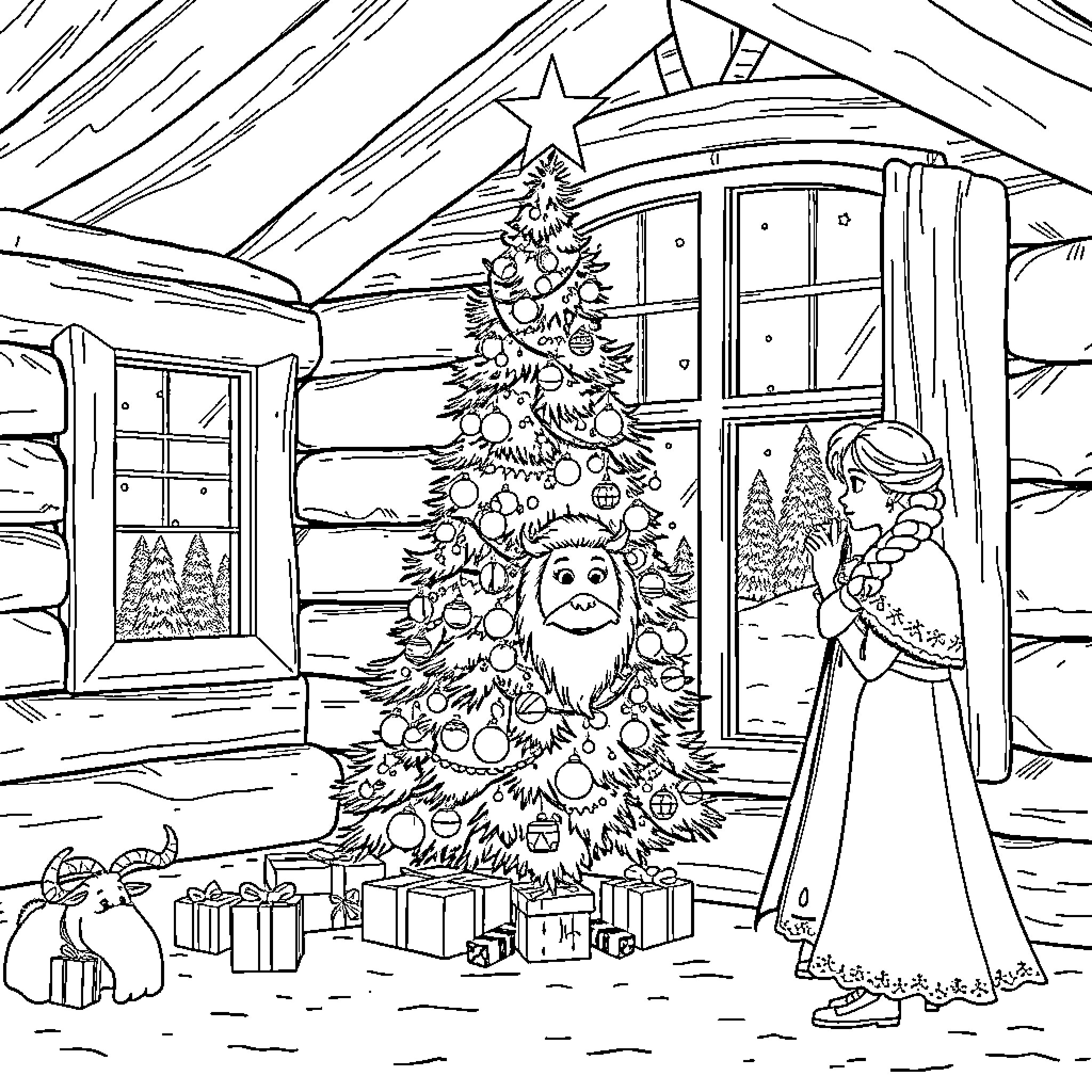 Anna and Elsa's Winter Wonderland Adventure Coloring Page (free black-and-white line drawing printable PDF for all, from beginners to advanced learners, including children, teens, adults, and seniors)