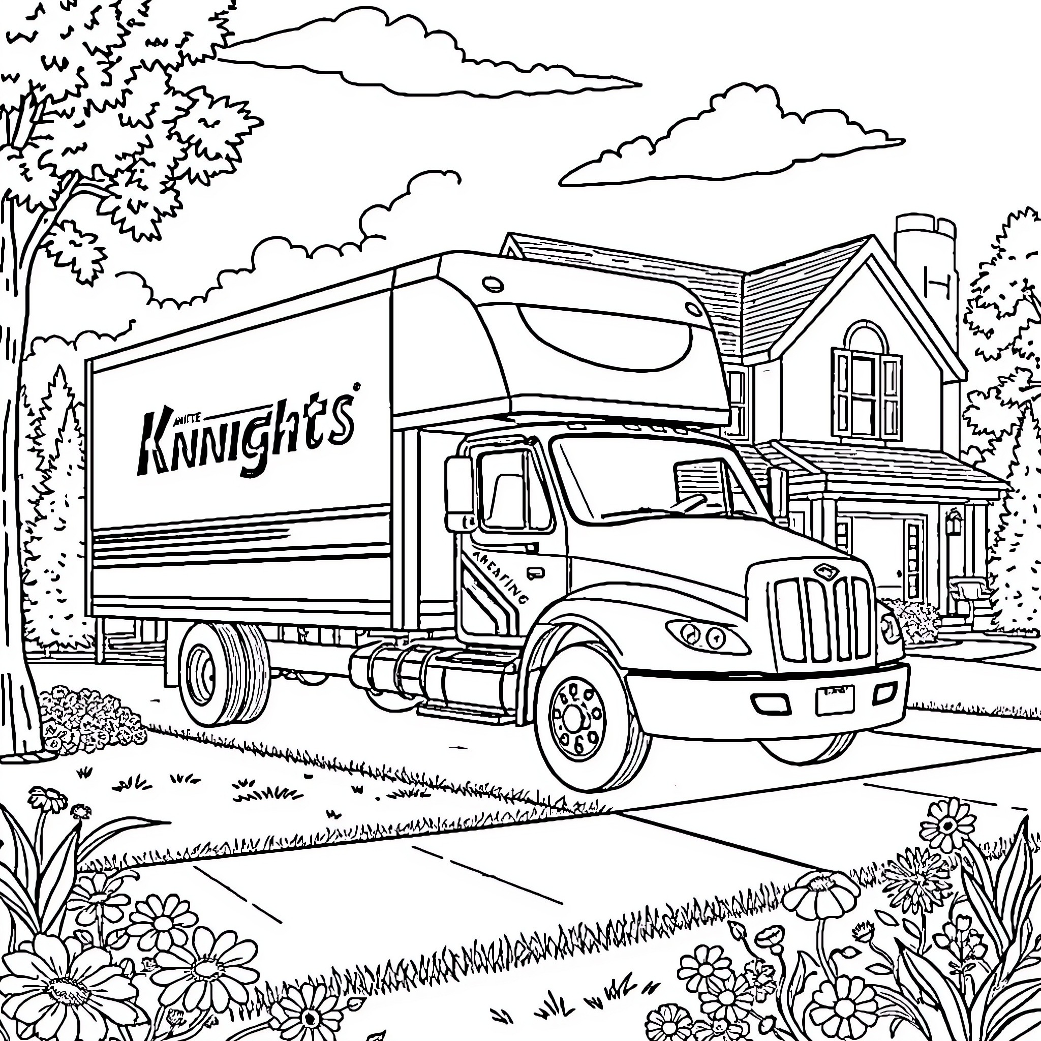 Truck delivering goods to house in scenic neighborhood Coloring Page (free black-and-white line drawing printable PDF for all, from beginners to advanced learners, including children, teens, adults, and seniors)