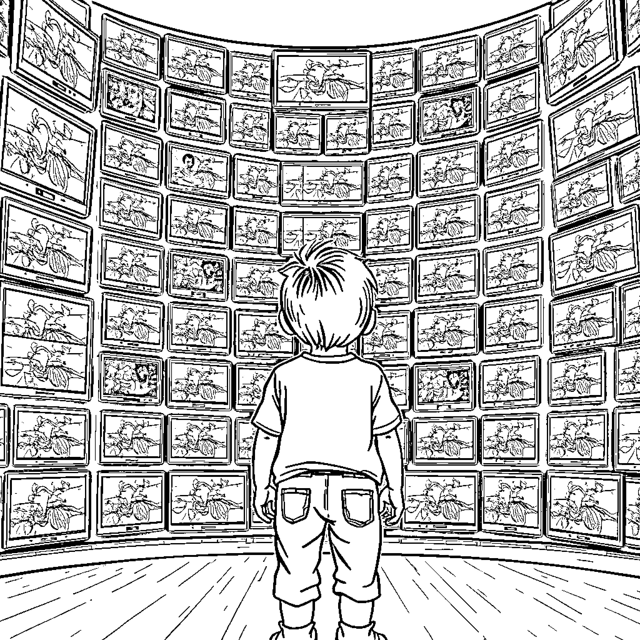 Child exploring the framed artwork collection Coloring Page (free black-and-white line drawing printable PDF for all, from beginners to advanced learners, including children, teens, adults, and seniors)