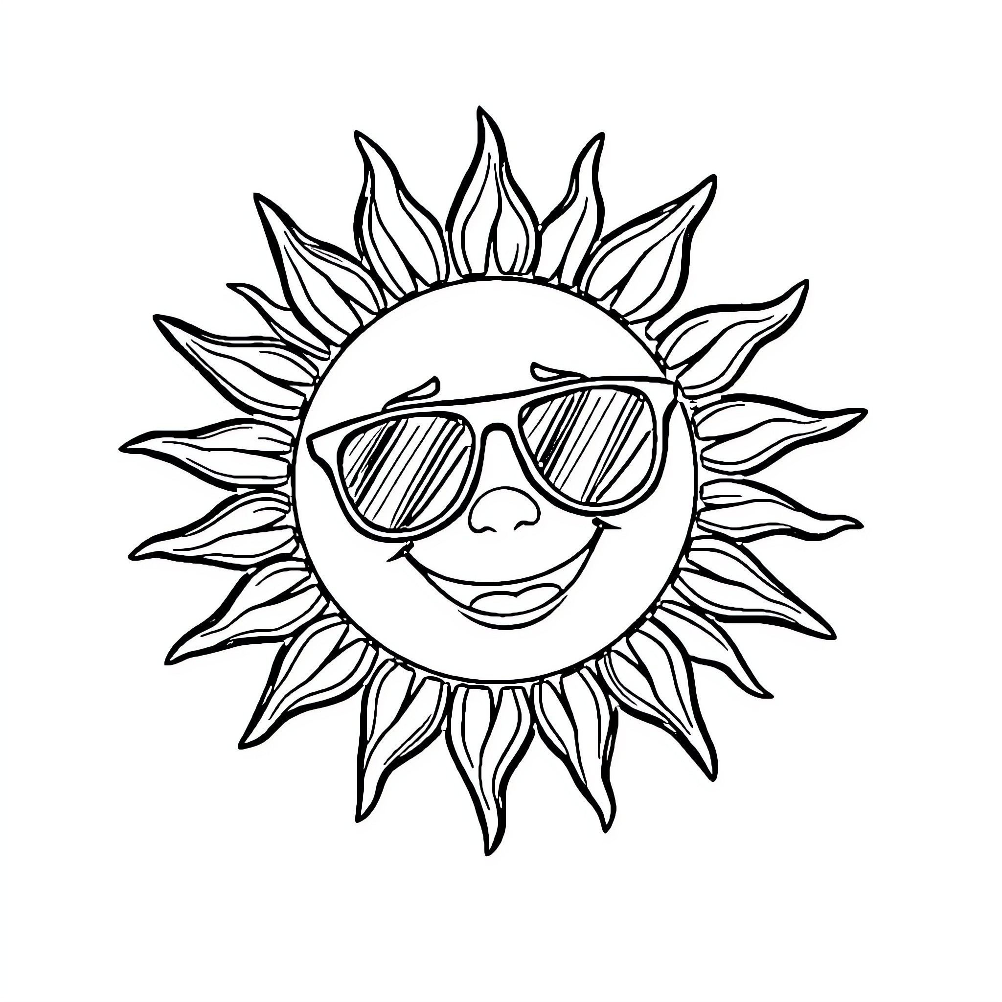 Sun smiling joyfully in sunglasses Coloring Page (free black-and-white line drawing printable PDF for all, from beginners to advanced learners, including children, teens, adults, and seniors)