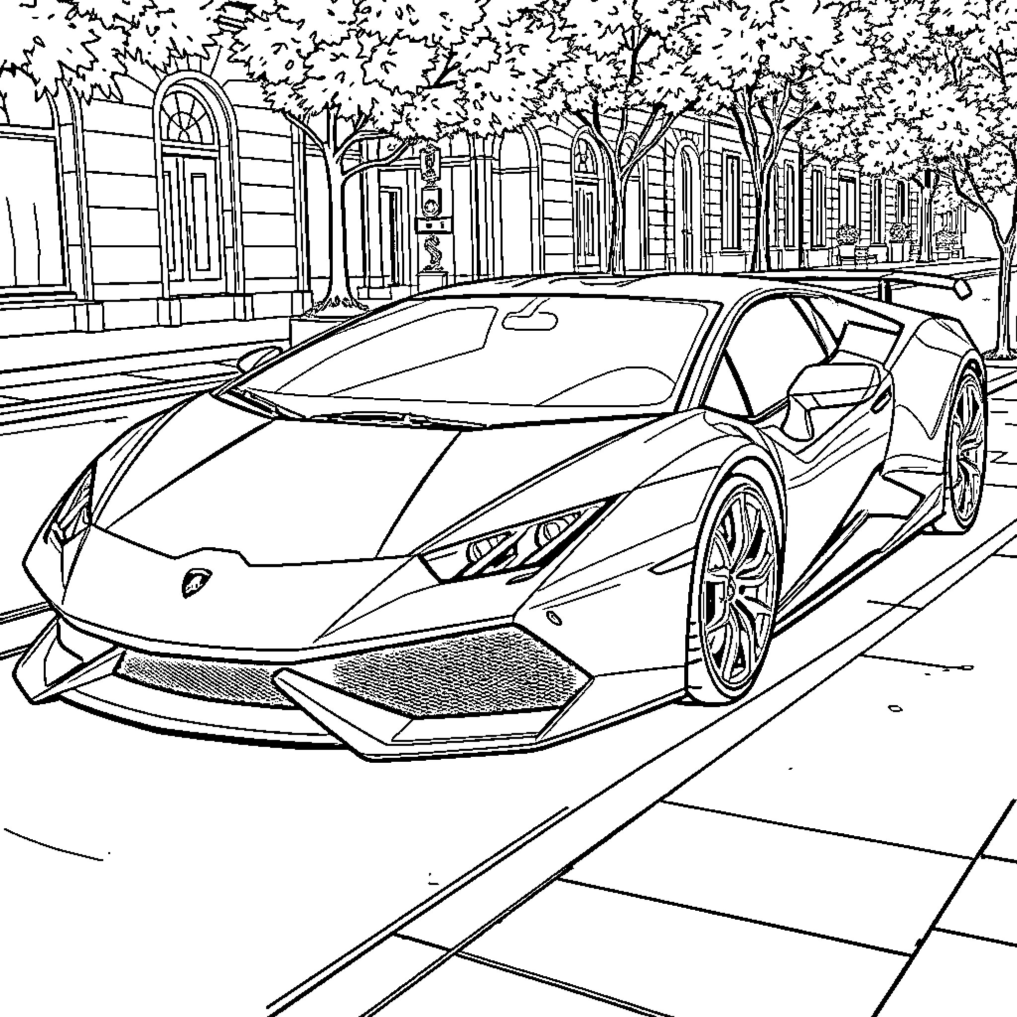 Lamborghini supercar on a city street Coloring Page (free black-and-white line drawing printable PDF for all, from beginners to advanced learners, including children, teens, adults, and seniors)