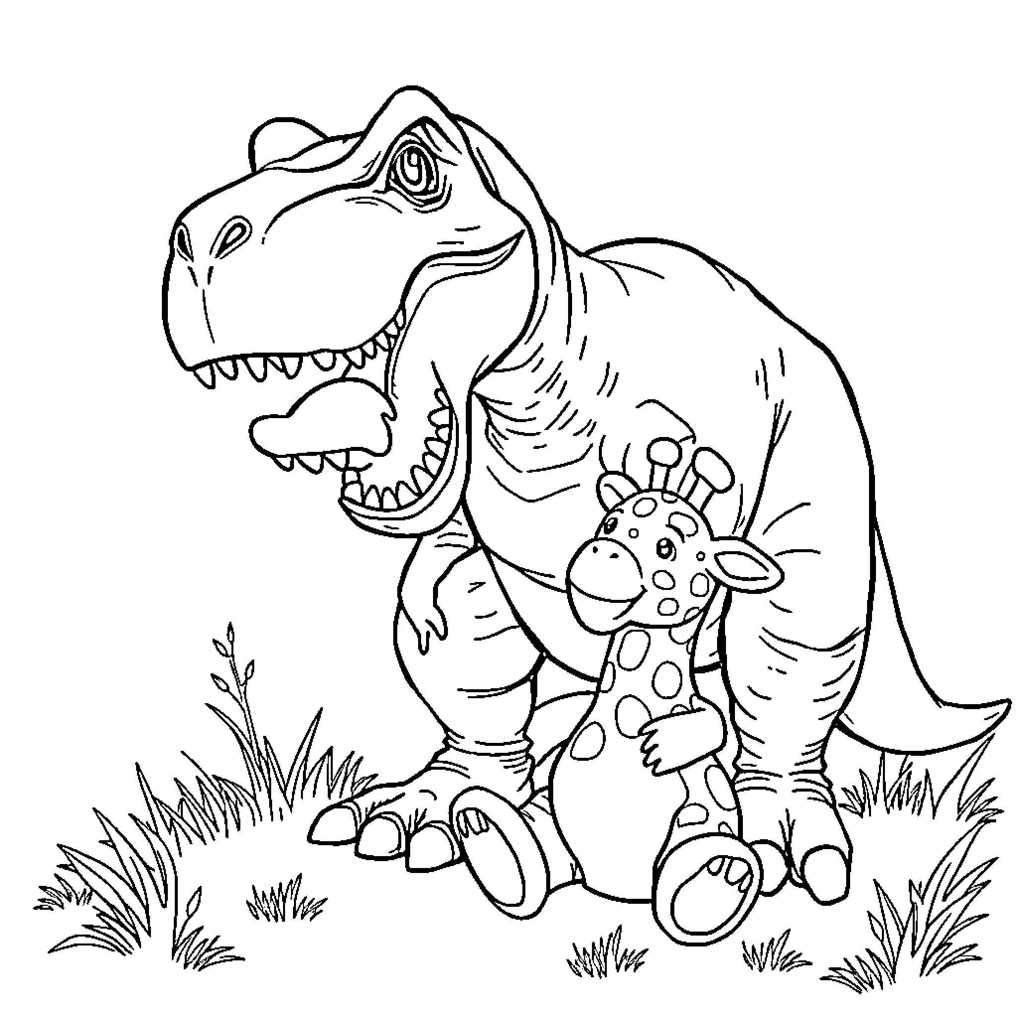 Trex and friends exploring the wilderness Coloring Page (free black-and-white line drawing printable PDF for all, from beginners to advanced learners, including children, teens, adults, and seniors)
