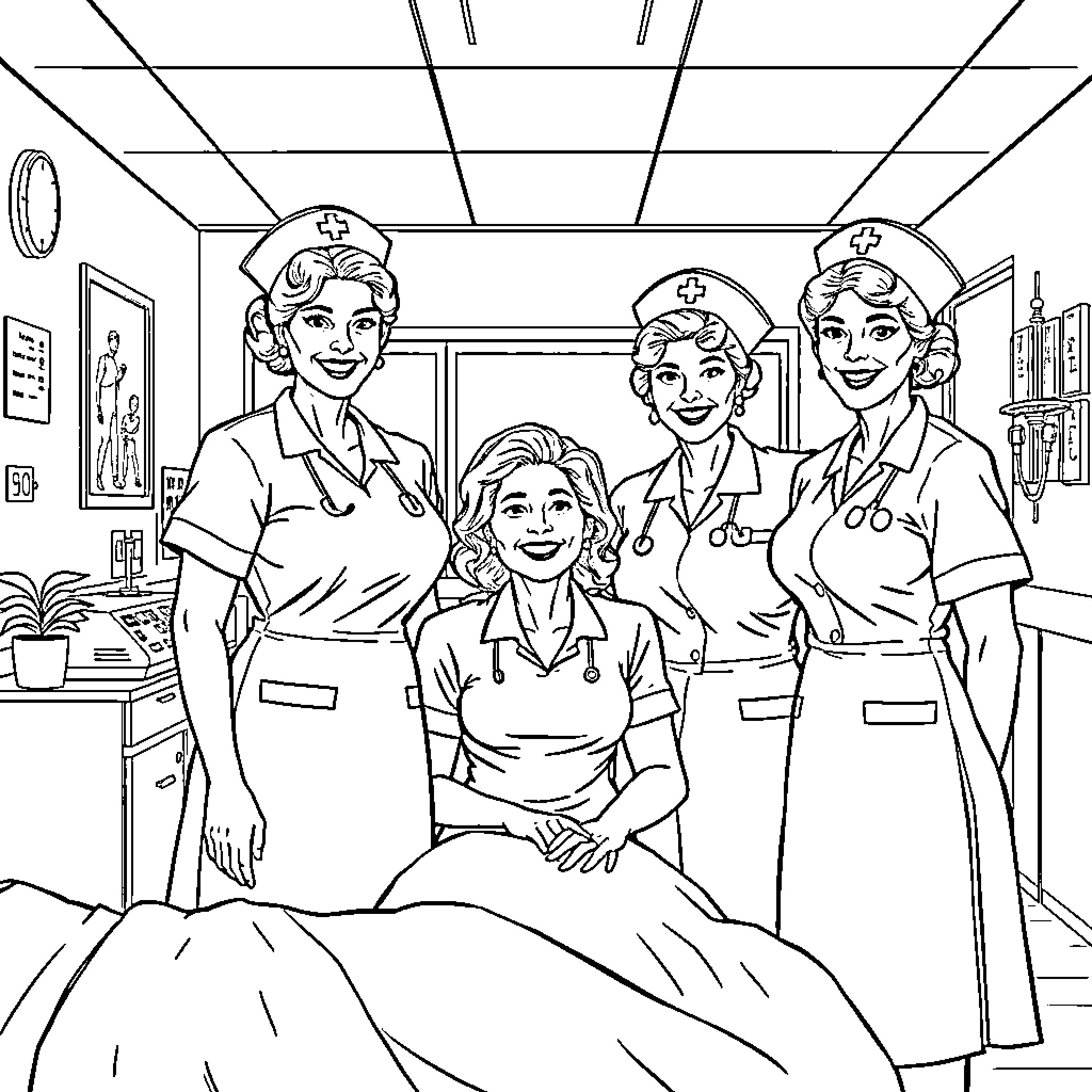 Golden Girls Gathering in Nurses' Uniforms Coloring Page (free black-and-white line drawing printable PDF for all, from beginners to advanced learners, including children, teens, adults, and seniors)