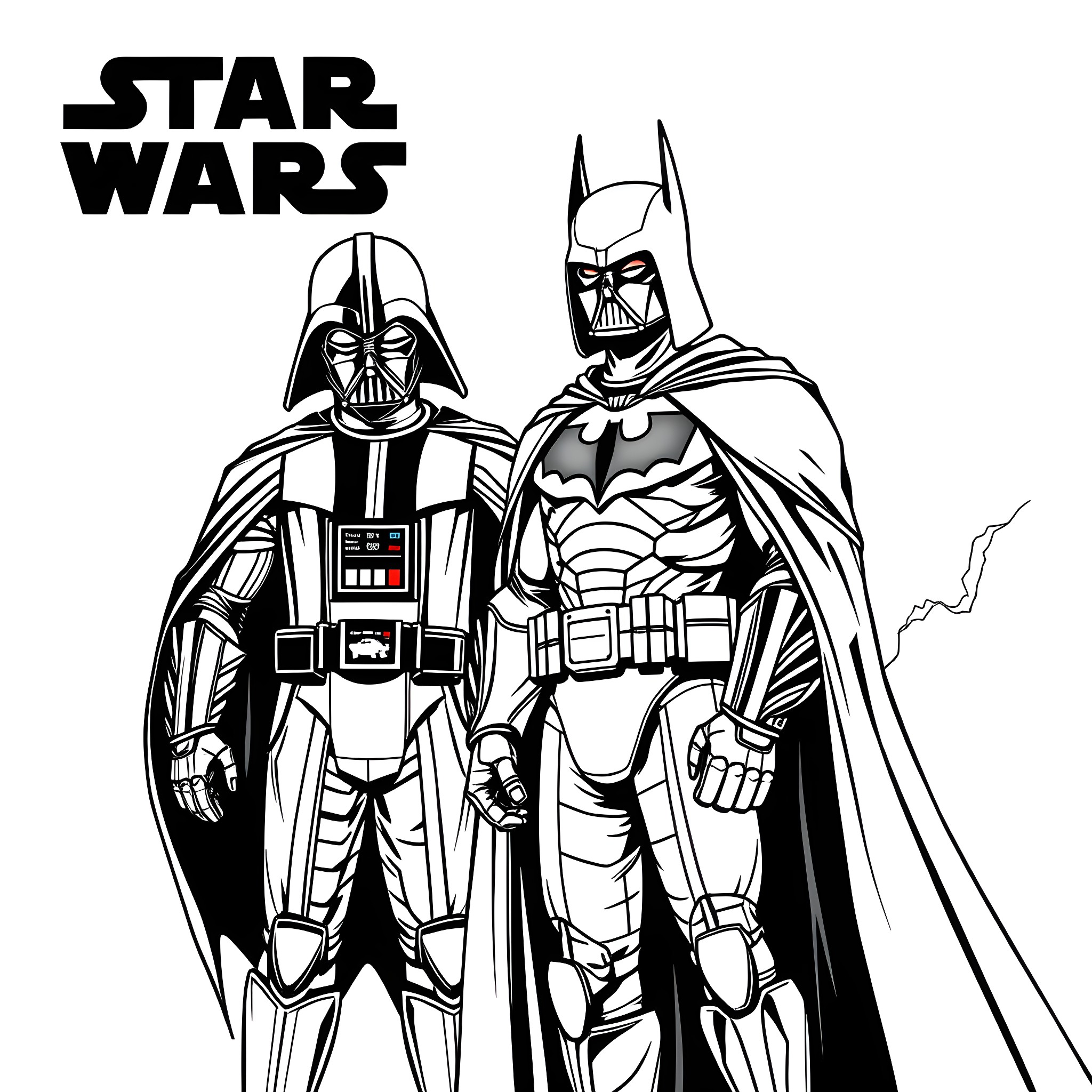 Darth Vader and Batman in Star Wars universe Coloring Page (free black-and-white line drawing printable PDF for all, from beginners to advanced learners, including children, teens, adults, and seniors)