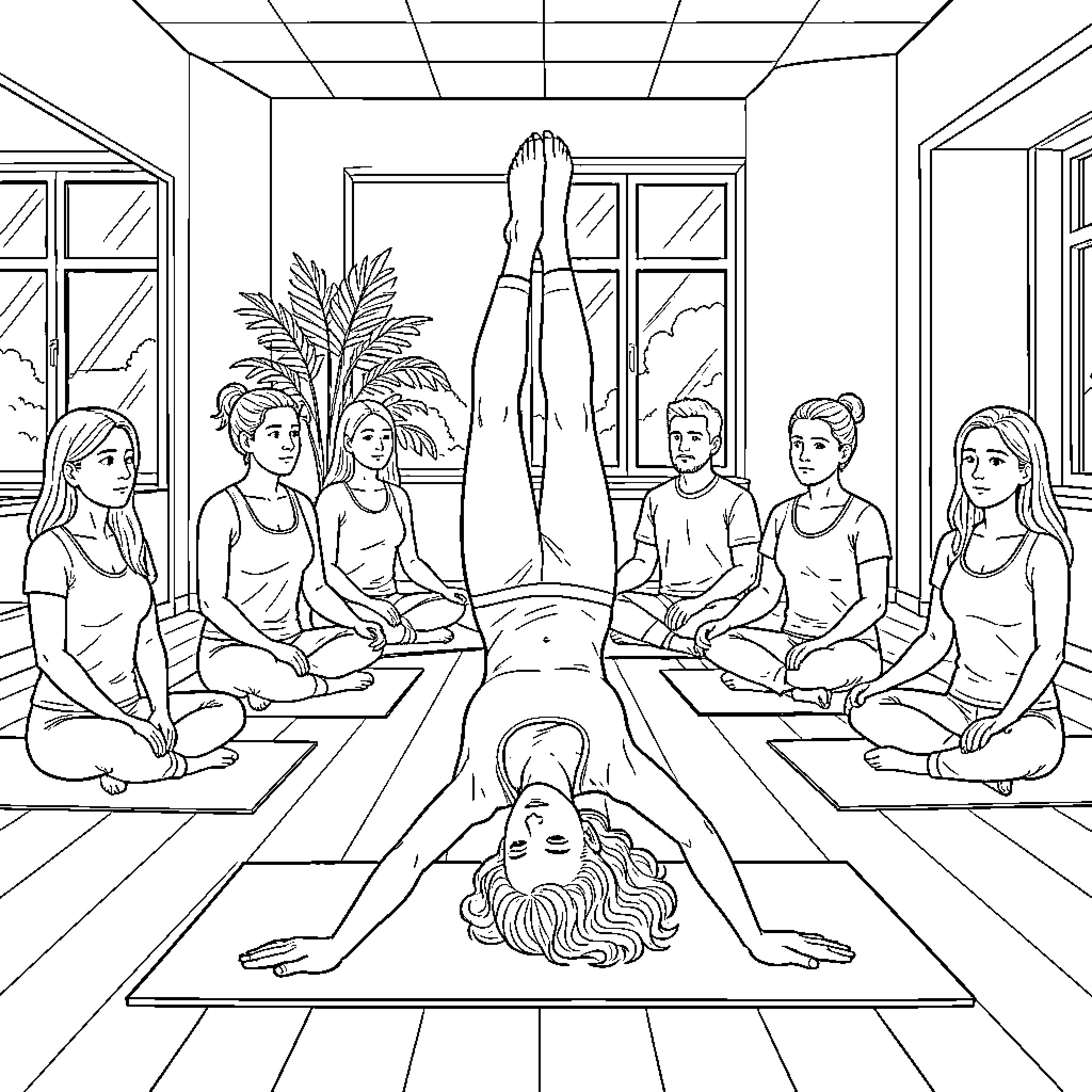 Persona Meditation and Yoga Practice Coloring Page (free black-and-white line drawing printable PDF for all, from beginners to advanced learners, including children, teens, adults, and seniors)