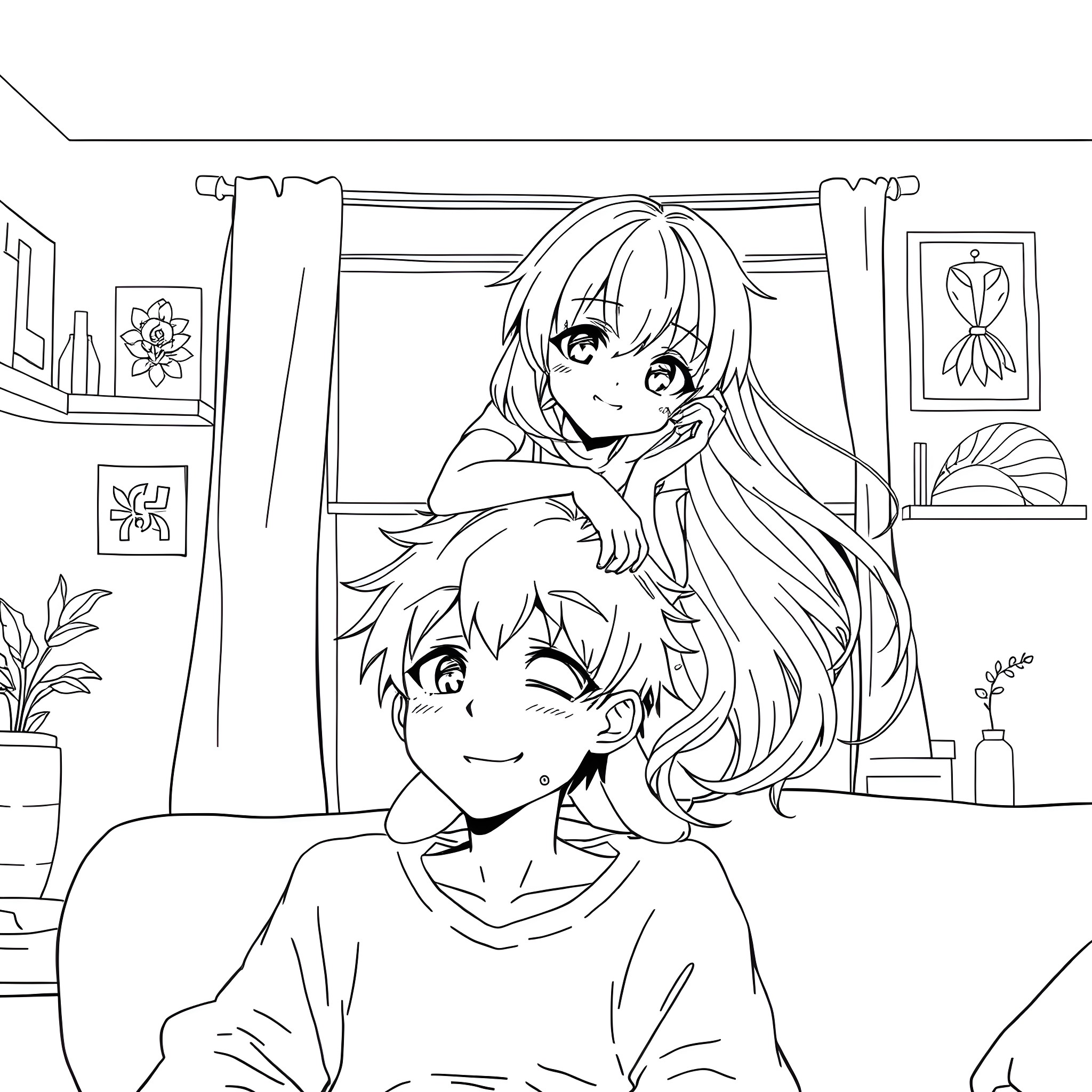 Anime Girl sharing a joyful moment with a friend Coloring Page (free black-and-white line drawing printable PDF for all, from beginners to advanced learners, including children, teens, adults, and seniors)