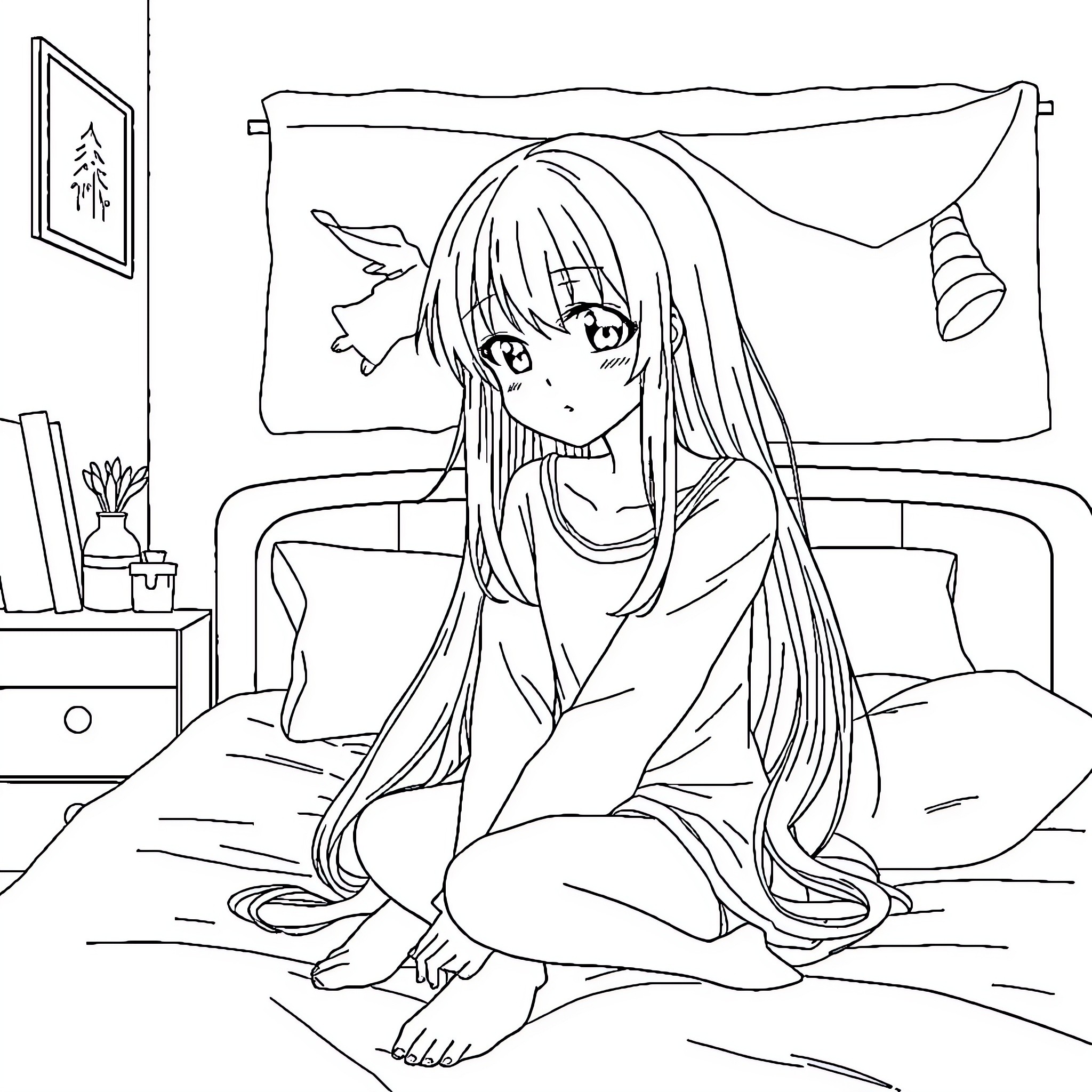 Anime Girl Sitting on Bed in Contemplative Pose Coloring Page (free black-and-white line drawing printable PDF for all, from beginners to advanced learners, including children, teens, adults, and seniors)