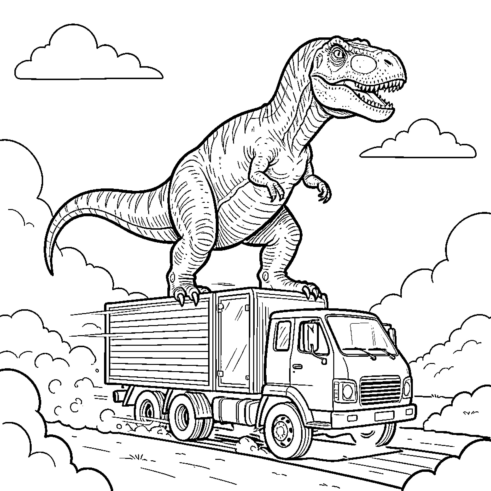 Dinosaur standing on top of a moving truck Coloring Page (free black-and-white line drawing printable PDF for all, from beginners to advanced learners, including children, teens, adults, and seniors)
