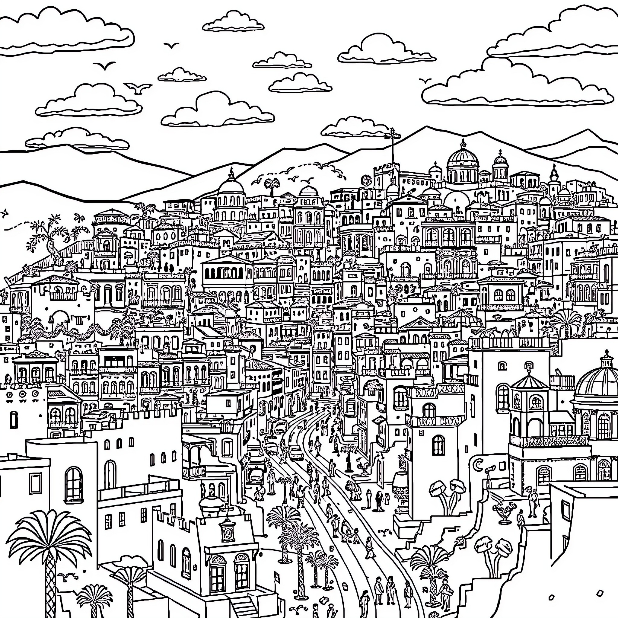 Guanajuato Map: Bustling city with diverse architectural styles Coloring Page (free black-and-white line drawing printable PDF for all, from beginners to advanced learners, including children, teens, adults, and seniors)