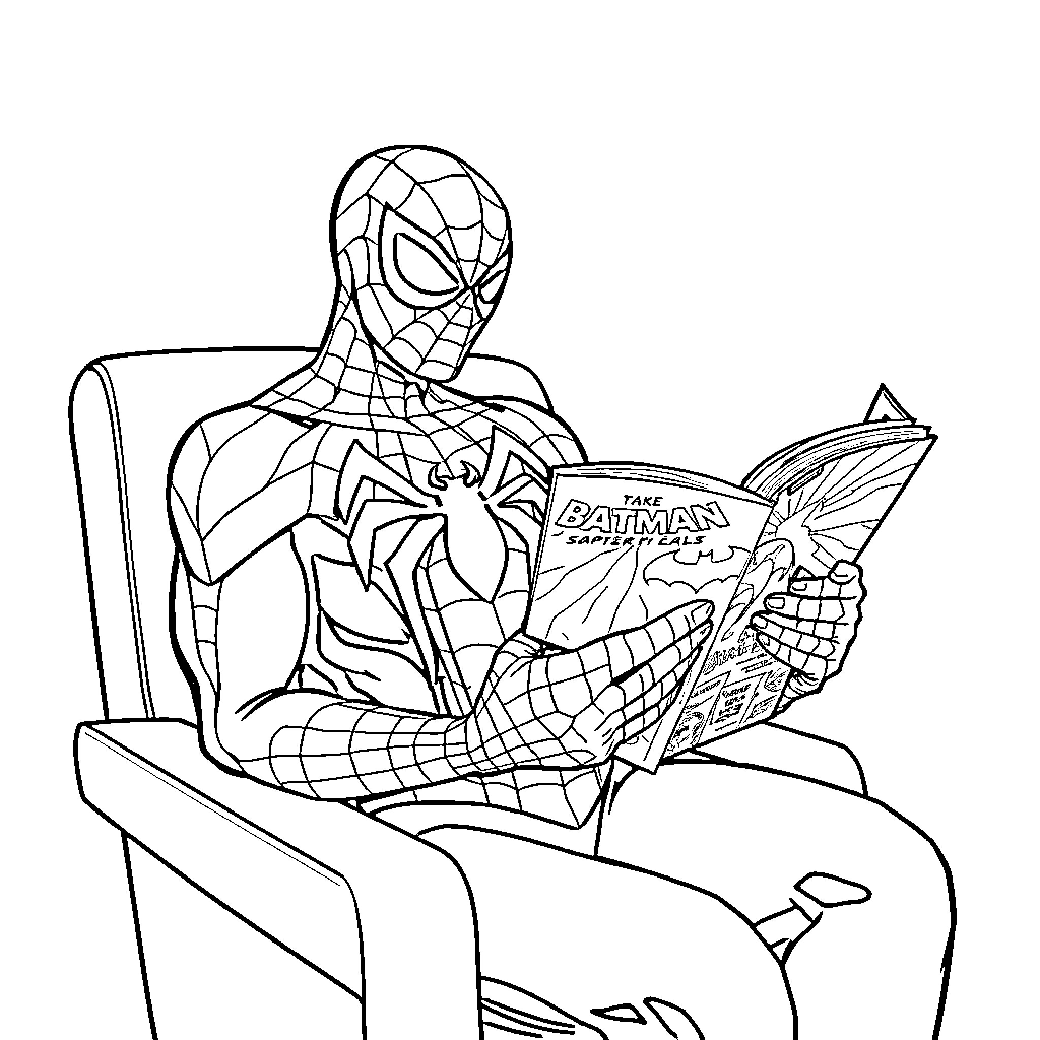 Spiderman reading comic book in chair Coloring Page (free black-and-white line drawing printable PDF for all, from beginners to advanced learners, including children, teens, adults, and seniors)
