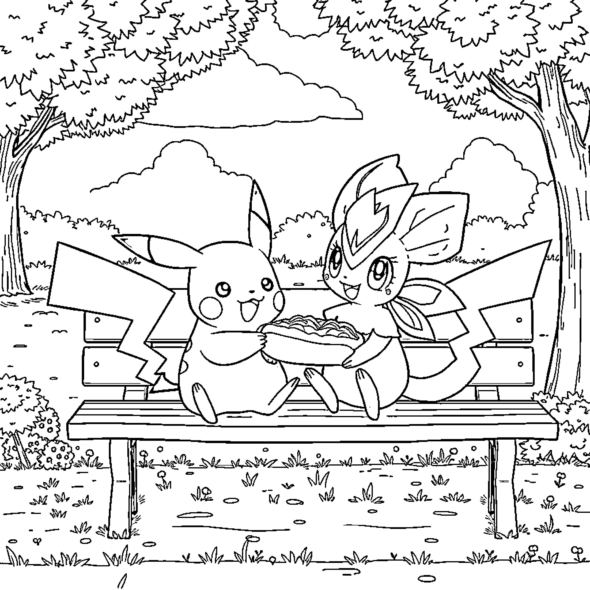 Pikachu and Decidueye having a picnic in the park Coloring Page (free black-and-white line drawing printable PDF for all, from beginners to advanced learners, including children, teens, adults, and seniors)