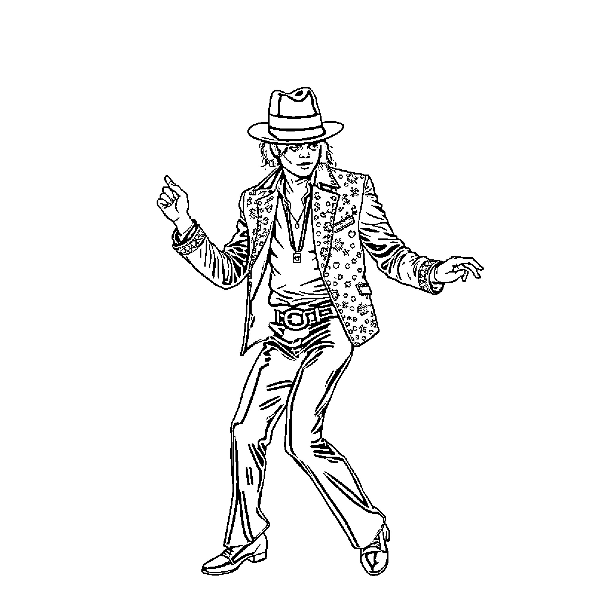 Michael Jackson performing energetic dance moves Coloring Page (free black-and-white line drawing printable PDF for all, from beginners to advanced learners, including children, teens, adults, and seniors)