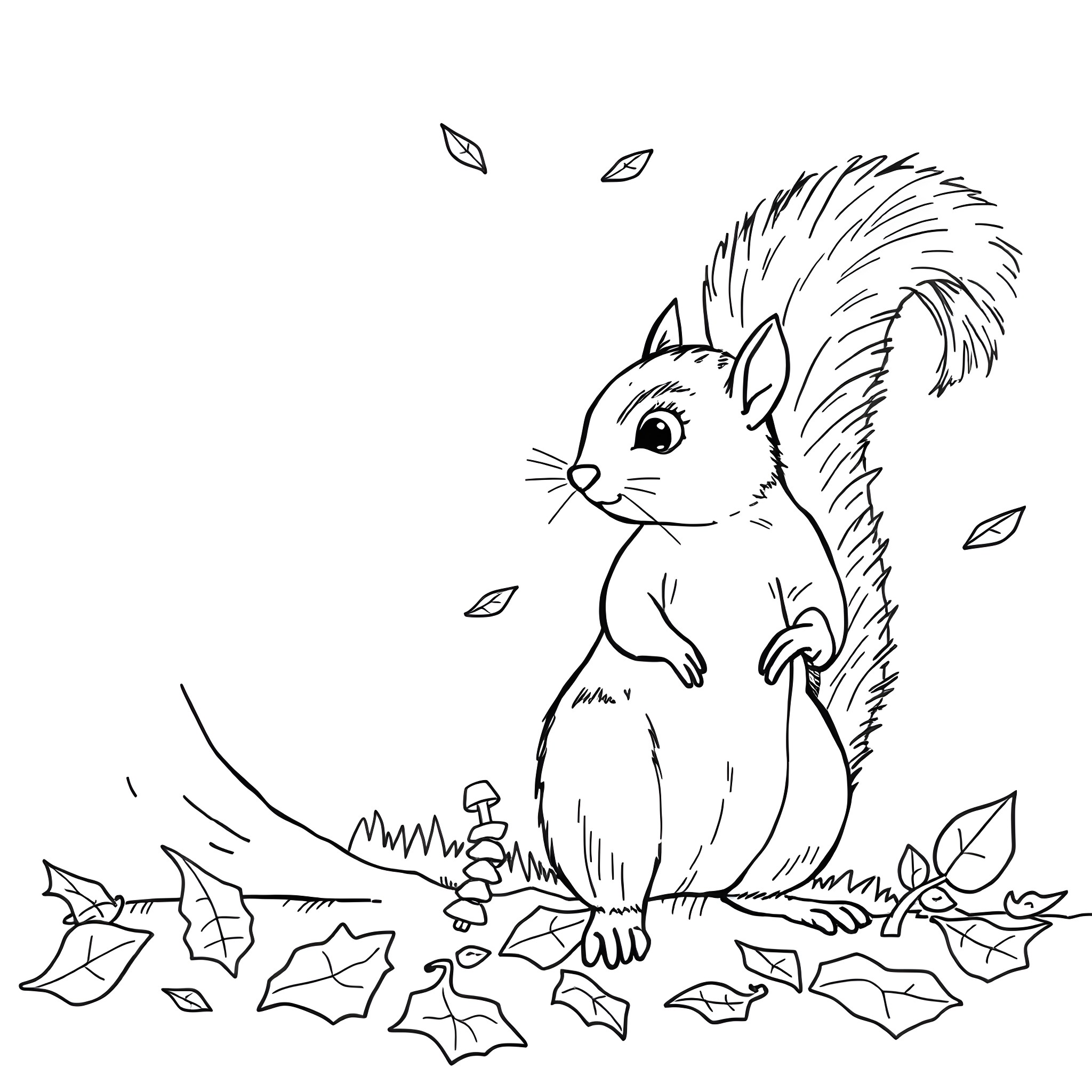 Stanley Tuchi's Squirrel Playing with Falling Leaves Coloring Page (free black-and-white line drawing printable PDF for all, from beginners to advanced learners, including children, teens, adults, and seniors)