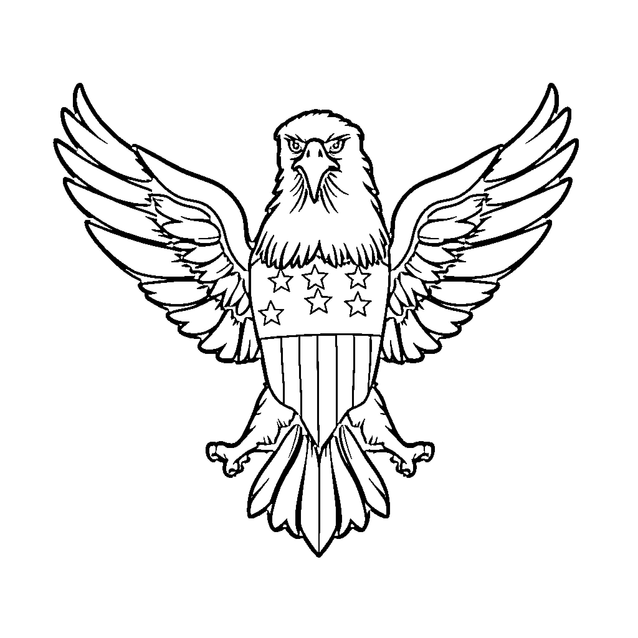 Eagle with patriotic symbols and open wings Coloring Page (free black-and-white line drawing printable PDF for all, from beginners to advanced learners, including children, teens, adults, and seniors)