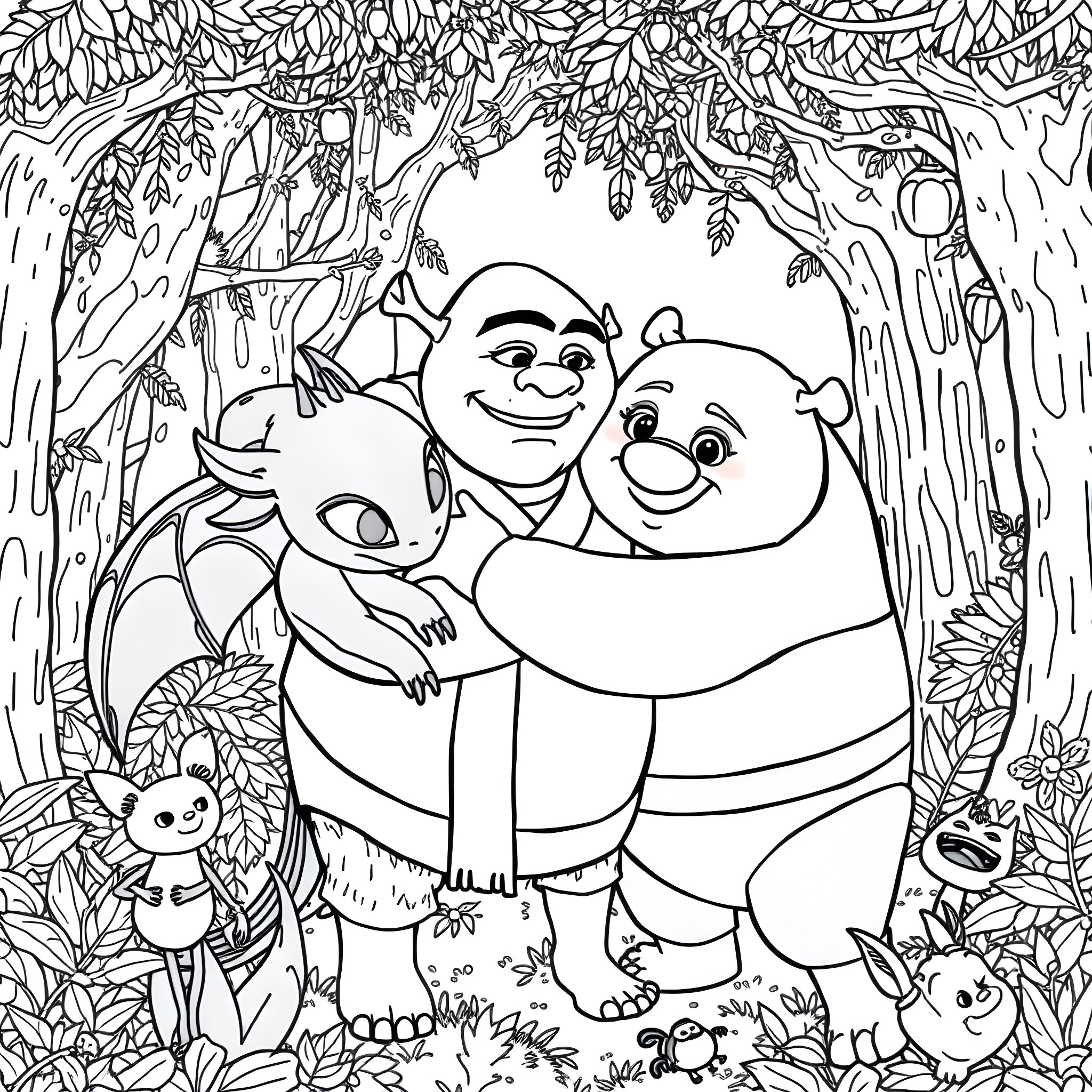 Shrek and friends adventure in the enchanted forest Coloring Page (free black-and-white line drawing printable PDF for all, from beginners to advanced learners, including children, teens, adults, and seniors)