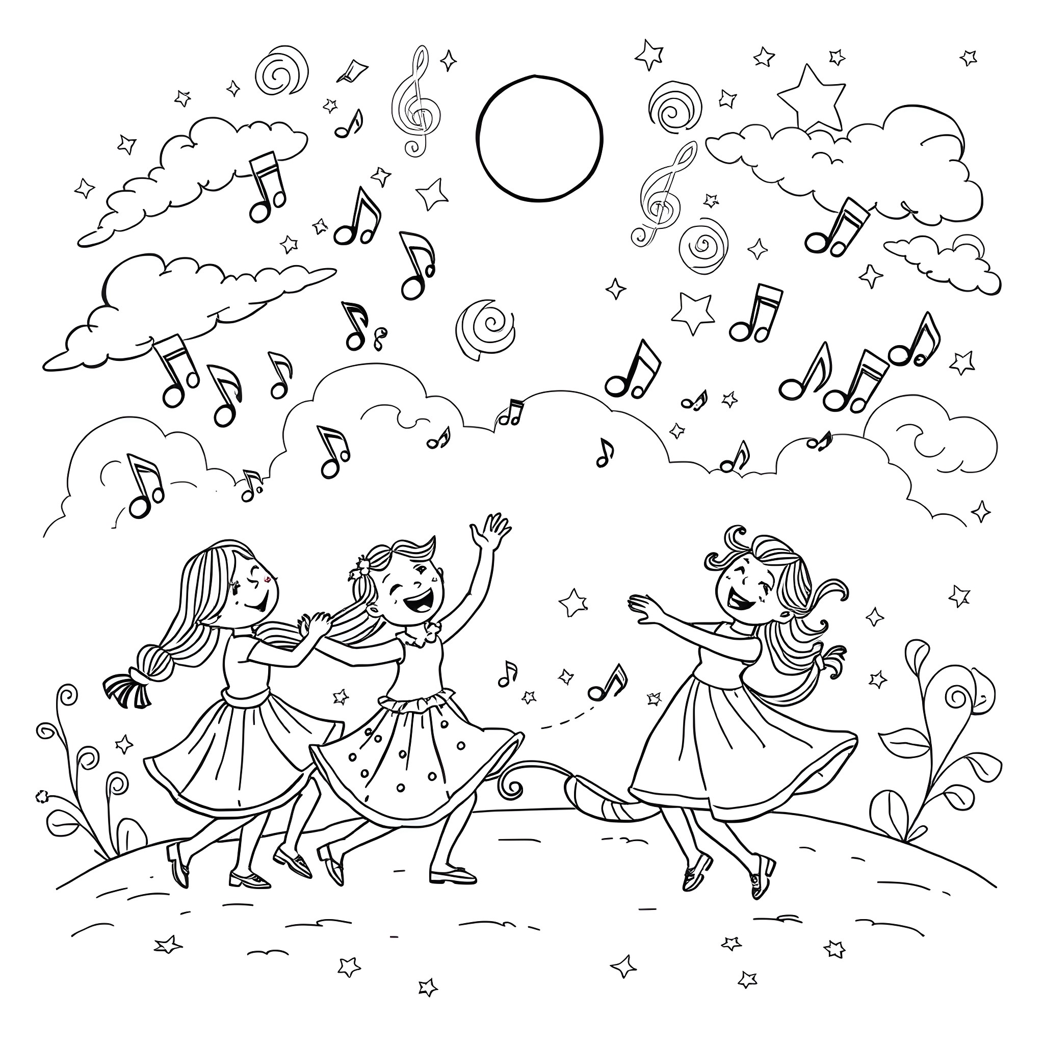 Tralalero Dancing Girls in a Whimsical Musical Scene Coloring Page (free black-and-white line drawing printable PDF for all, from beginners to advanced learners, including children, teens, adults, and seniors)