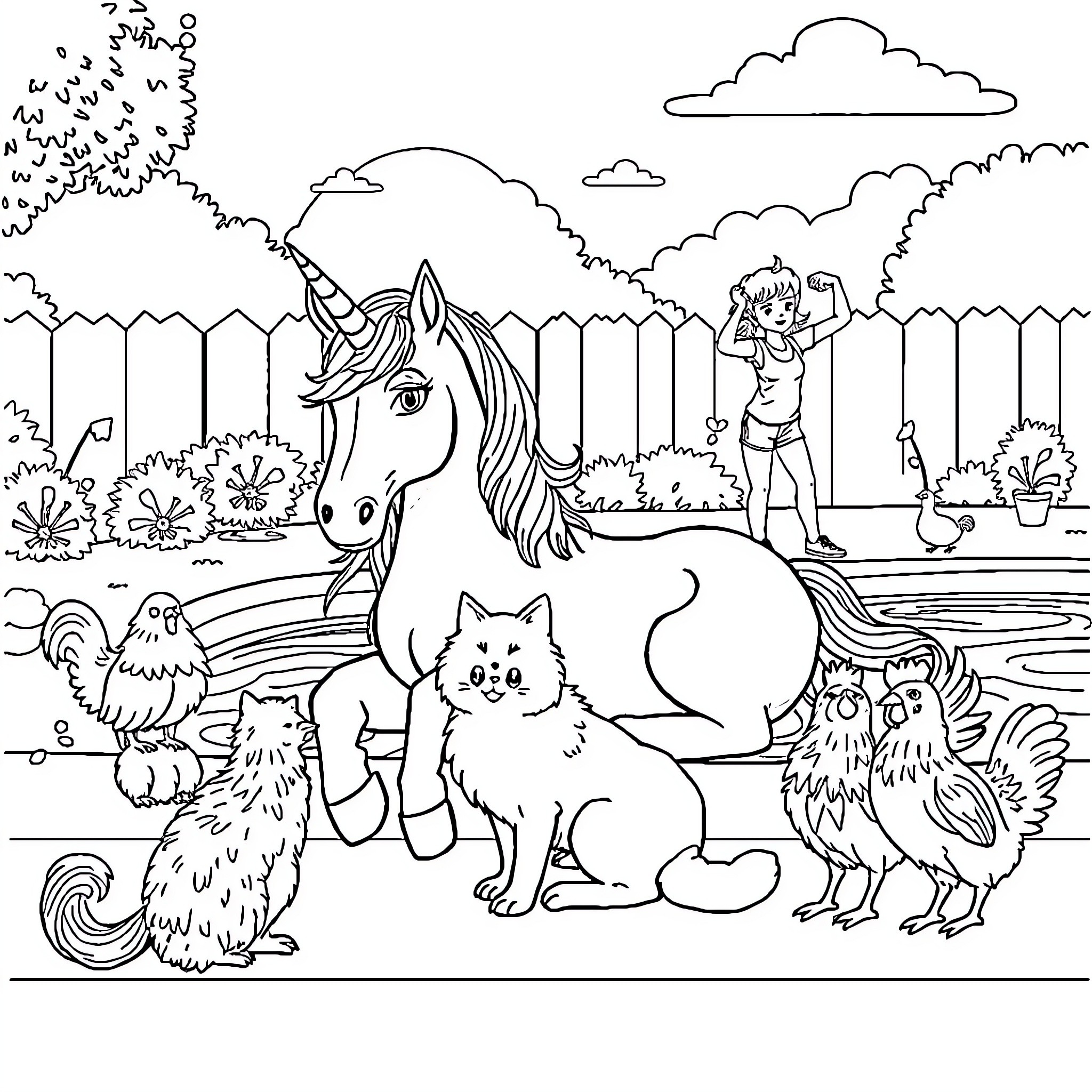 Unicorn and animals enjoying a day in the countryside Coloring Page (free black-and-white line drawing printable PDF for all, from beginners to advanced learners, including children, teens, adults, and seniors)