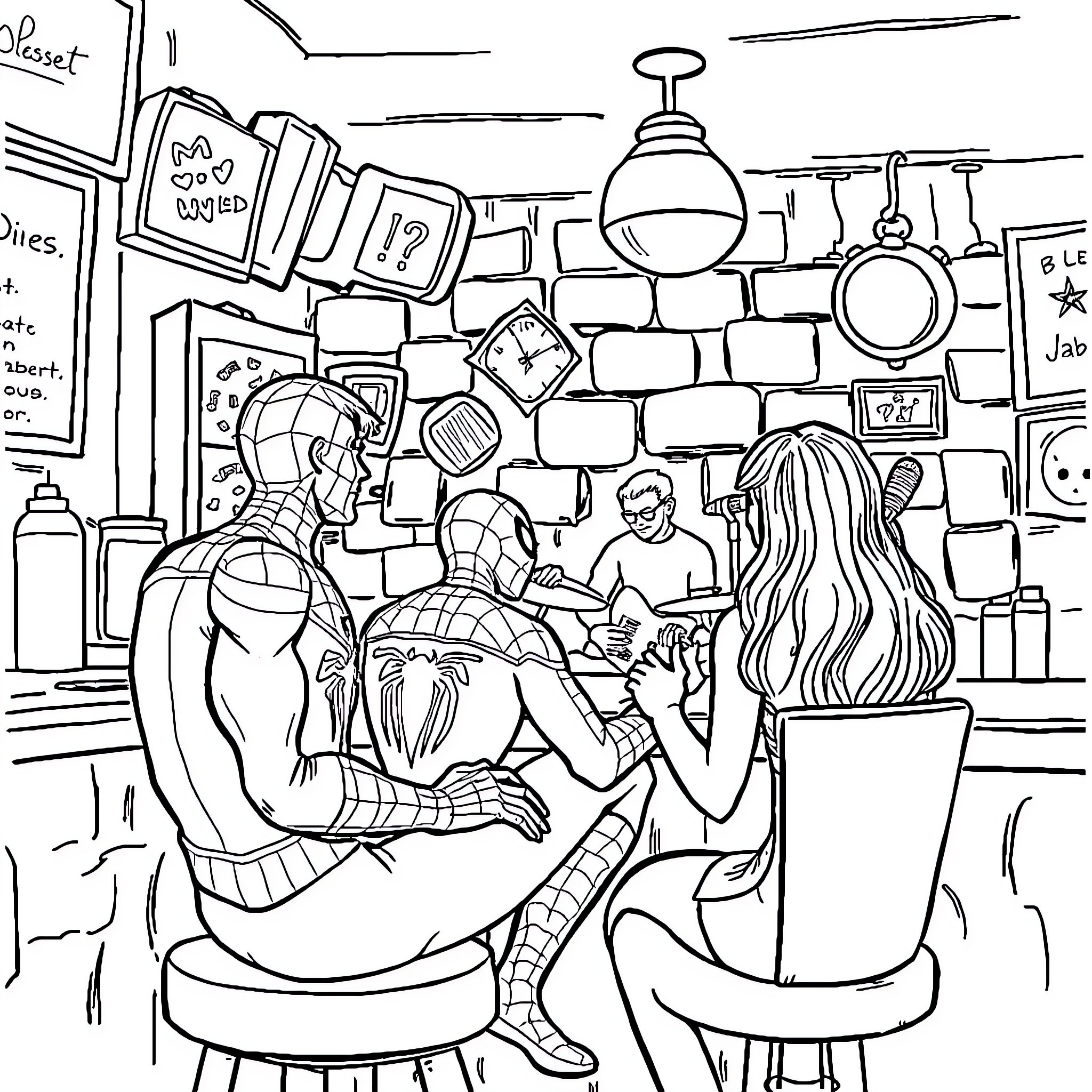 Spiderman helping a person in a cluttered room Coloring Page (free black-and-white line drawing printable PDF for all, from beginners to advanced learners, including children, teens, adults, and seniors)