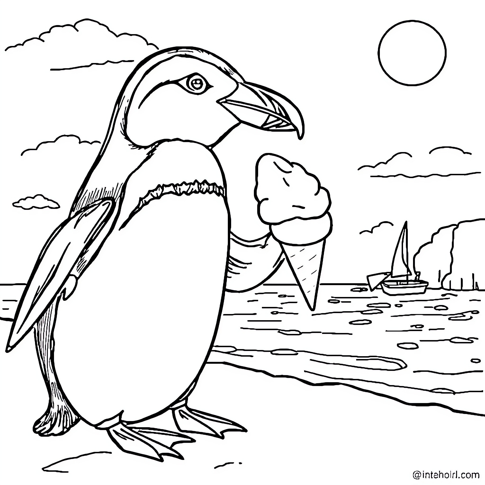 Penguin enjoying a summer day by the sea Coloring Page (free black-and-white line drawing printable PDF for all, from beginners to advanced learners, including children, teens, adults, and seniors)