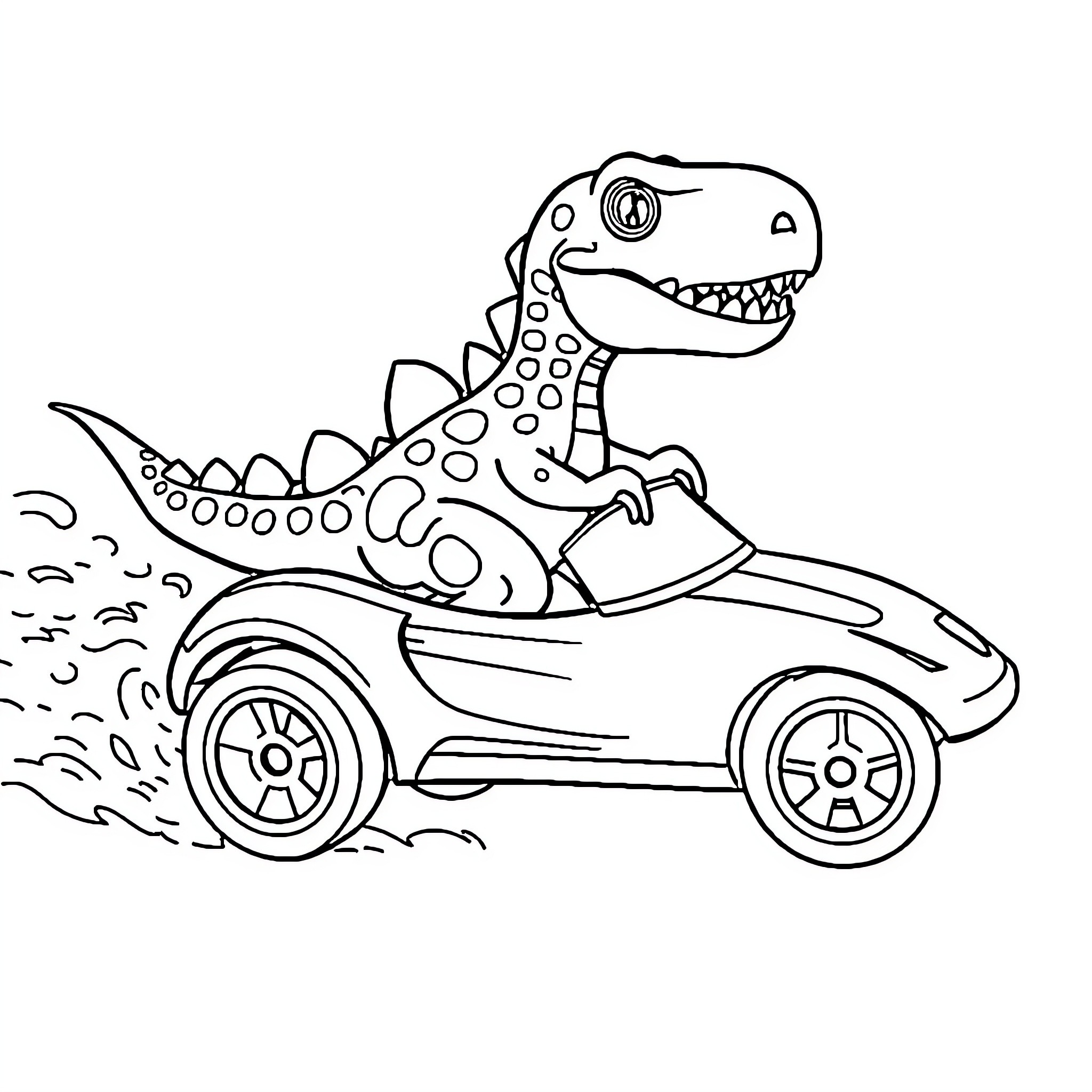 Dinosaur driving a car Coloring Page (free black-and-white line drawing printable PDF for all, from beginners to advanced learners, including children, teens, adults, and seniors)