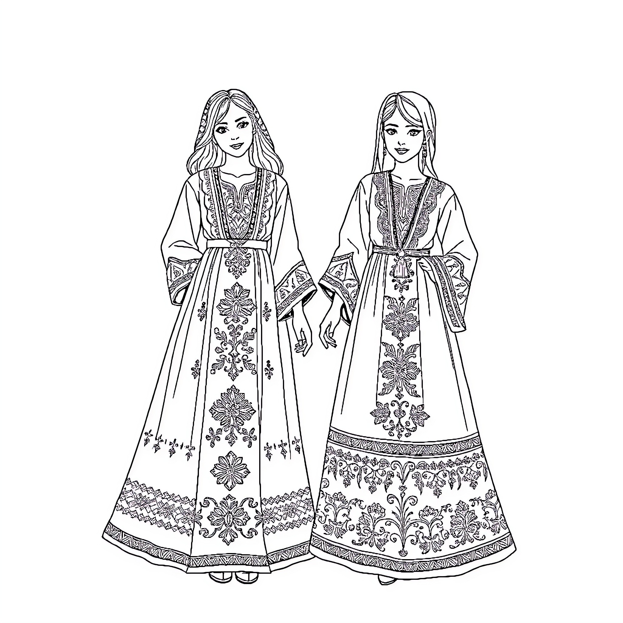 Afghan Dress - Traditional Floral Embroidered Outfits Coloring Page (free black-and-white line drawing printable PDF for all, from beginners to advanced learners, including children, teens, adults, and seniors)