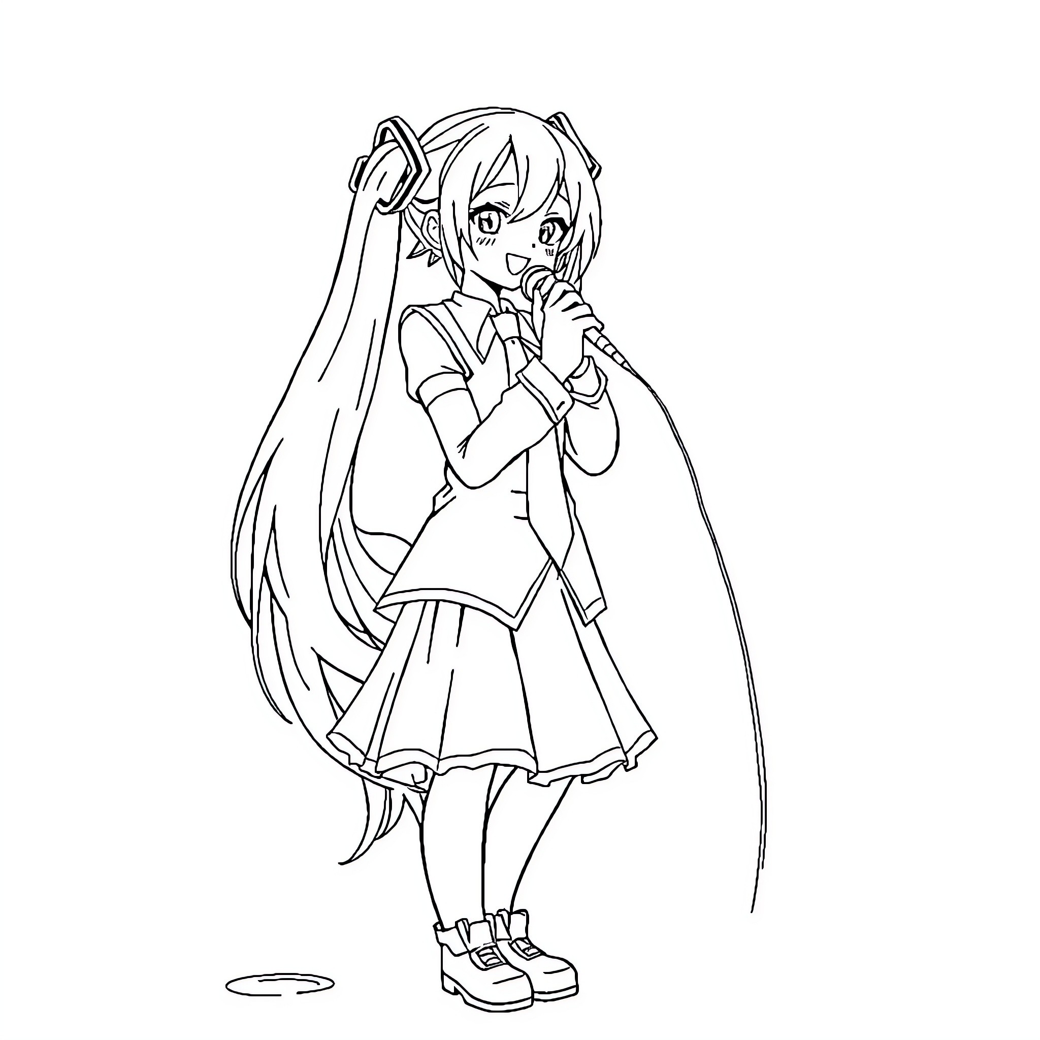Miku singing energetically on stage Coloring Page (free black-and-white line drawing printable PDF for all, from beginners to advanced learners, including children, teens, adults, and seniors)