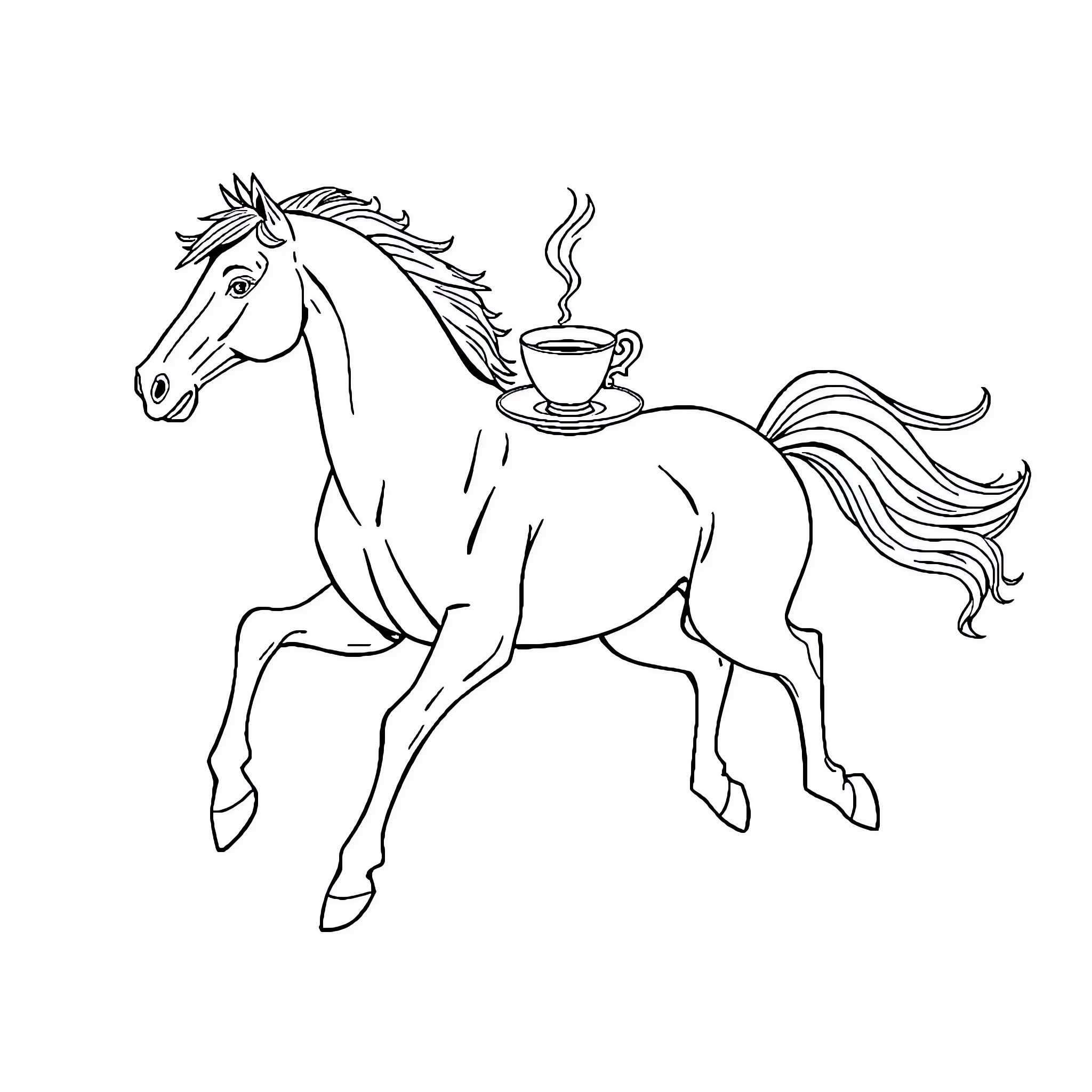 Horse carrying hot beverage while galloping Coloring Page (free black-and-white line drawing printable PDF for all, from beginners to advanced learners, including children, teens, adults, and seniors)
