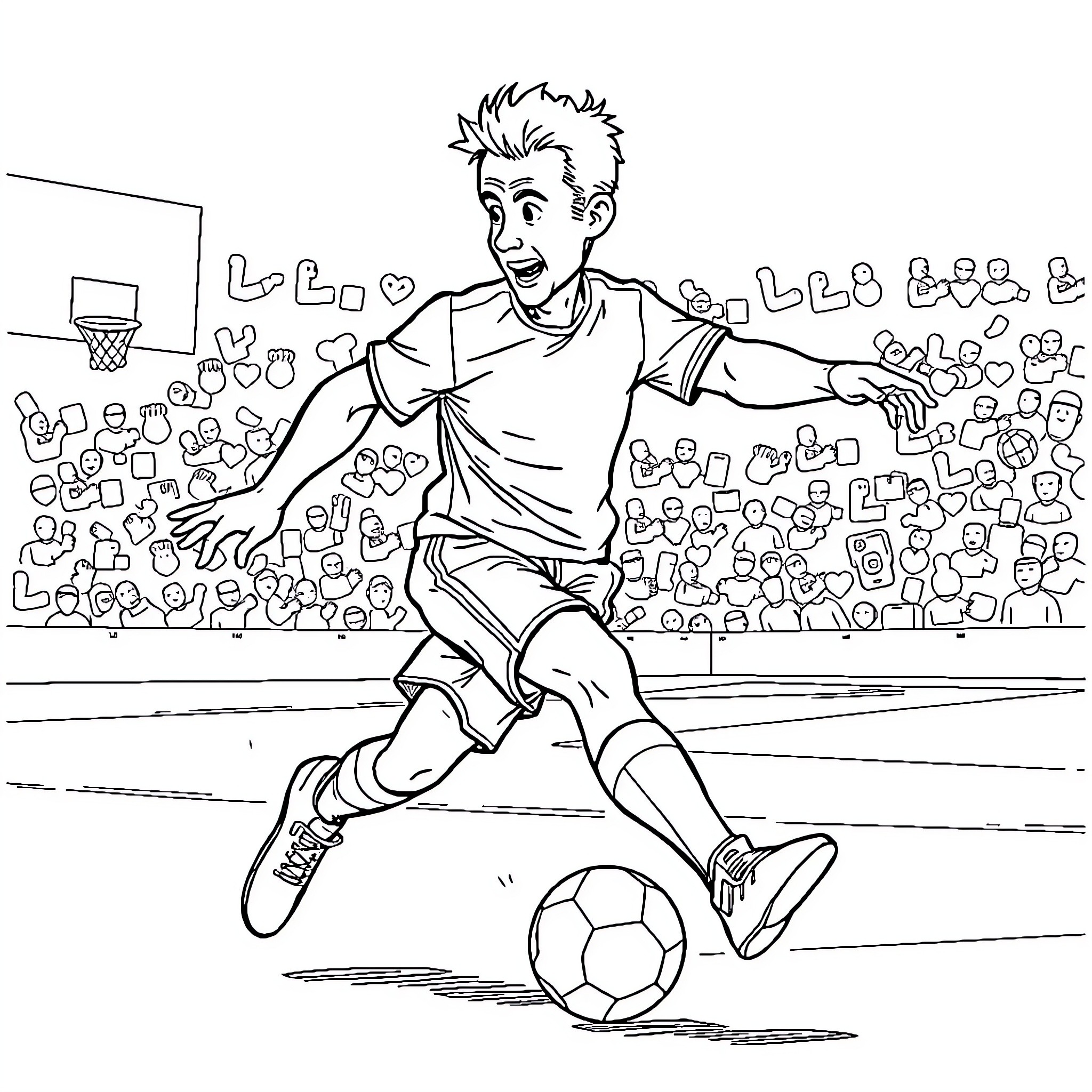 Macron playing soccer on the field Coloring Page (free black-and-white line drawing printable PDF for all, from beginners to advanced learners, including children, teens, adults, and seniors)