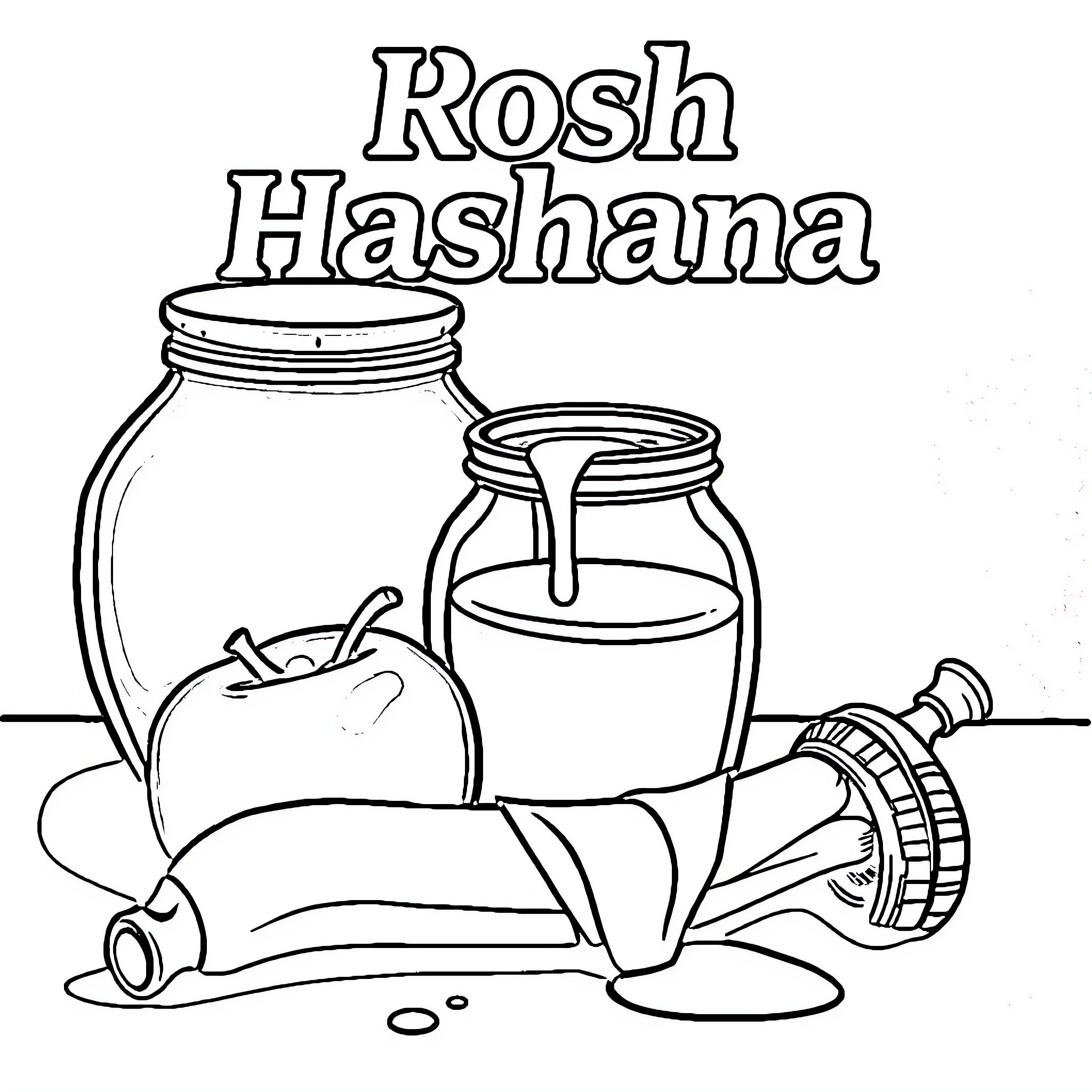 Rosh Hashana celebration with traditional symbols Coloring Page (free black-and-white line drawing printable PDF for all, from beginners to advanced learners, including children, teens, adults, and seniors)
