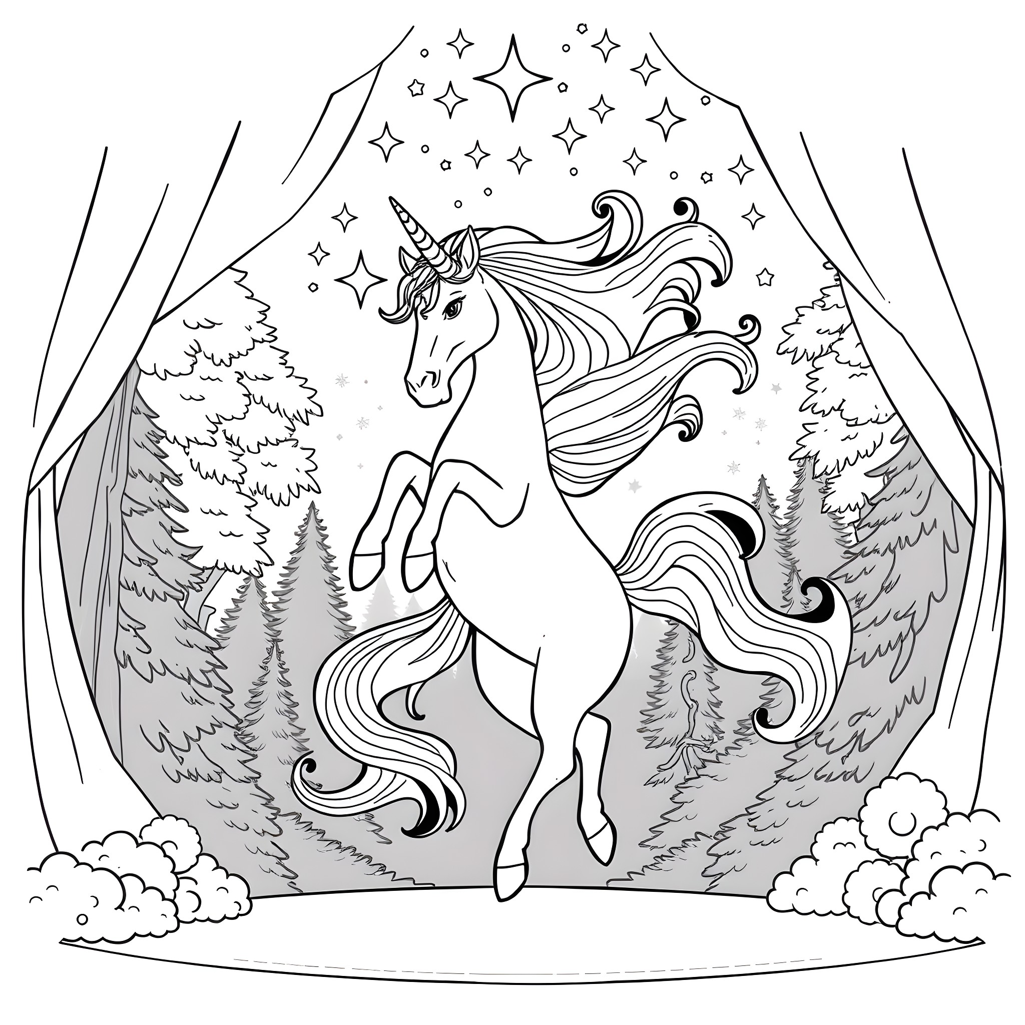Unicorn leaping through a magical forest landscape Coloring Page (free black-and-white line drawing printable PDF for all, from beginners to advanced learners, including children, teens, adults, and seniors)