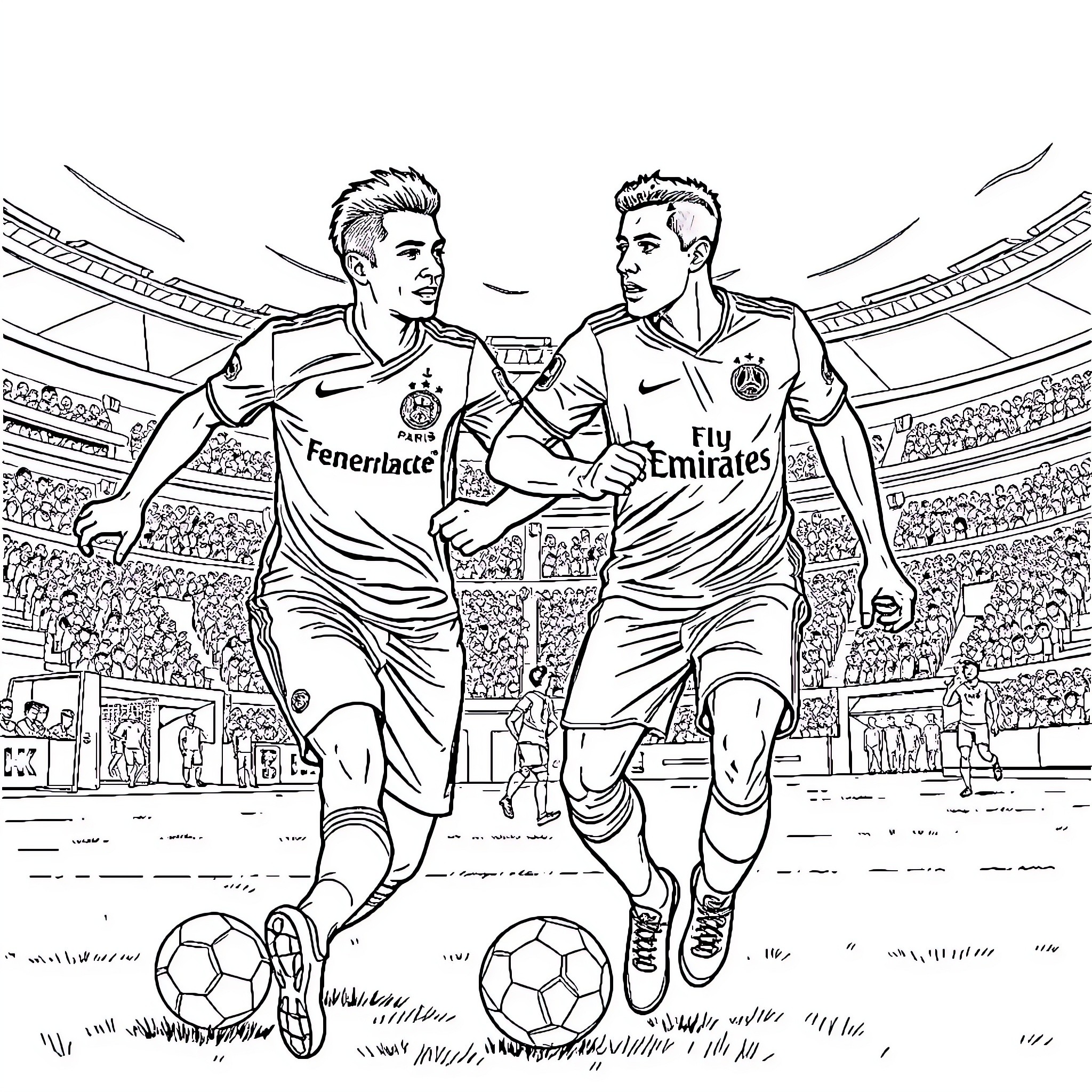 Fenerbahce soccer players celebrate on the field Coloring Page (free black-and-white line drawing printable PDF for all, from beginners to advanced learners, including children, teens, adults, and seniors)