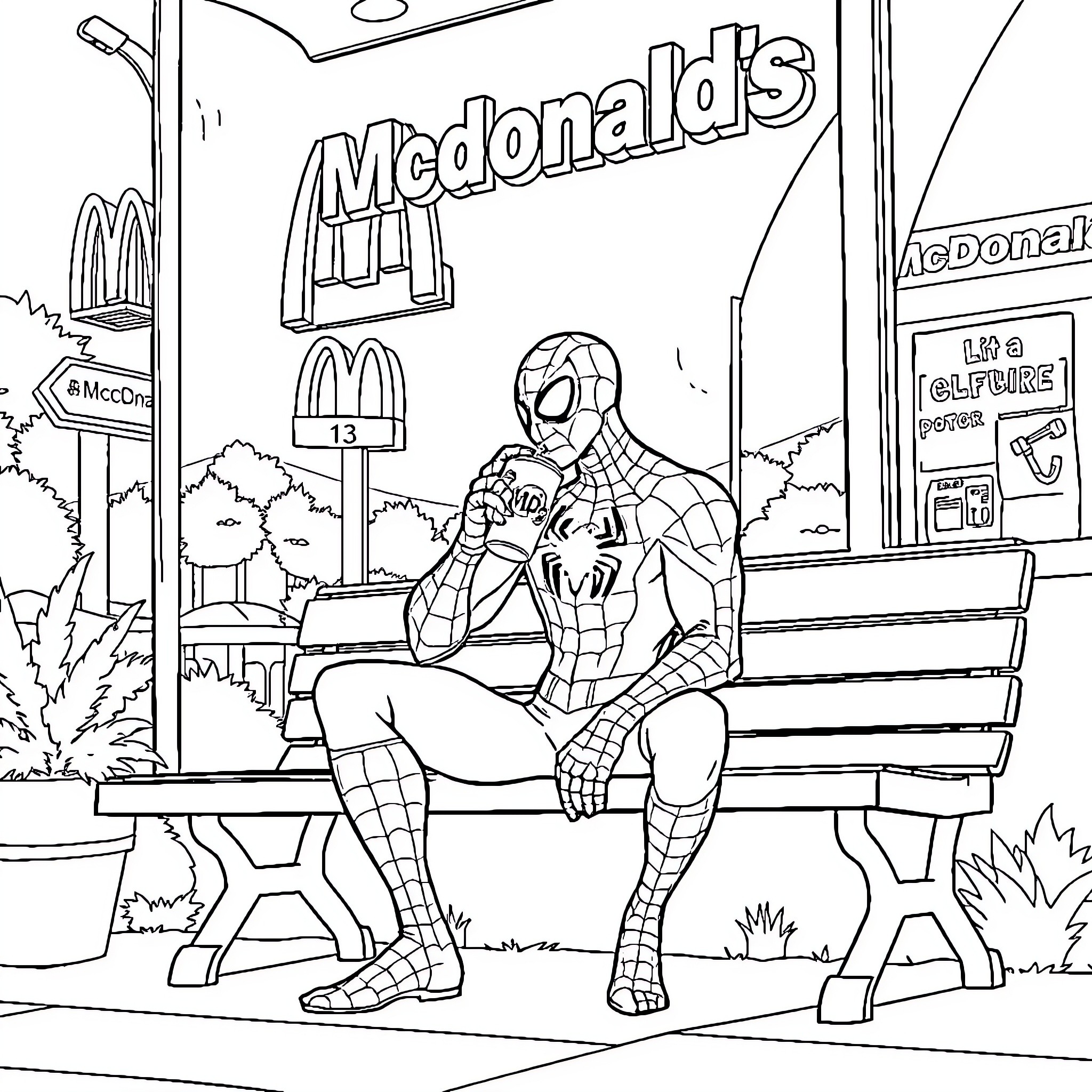 Spiderman relaxing on a bench near a McDonald's restaurant Coloring Page (free black-and-white line drawing printable PDF for all, from beginners to advanced learners, including children, teens, adults, and seniors)