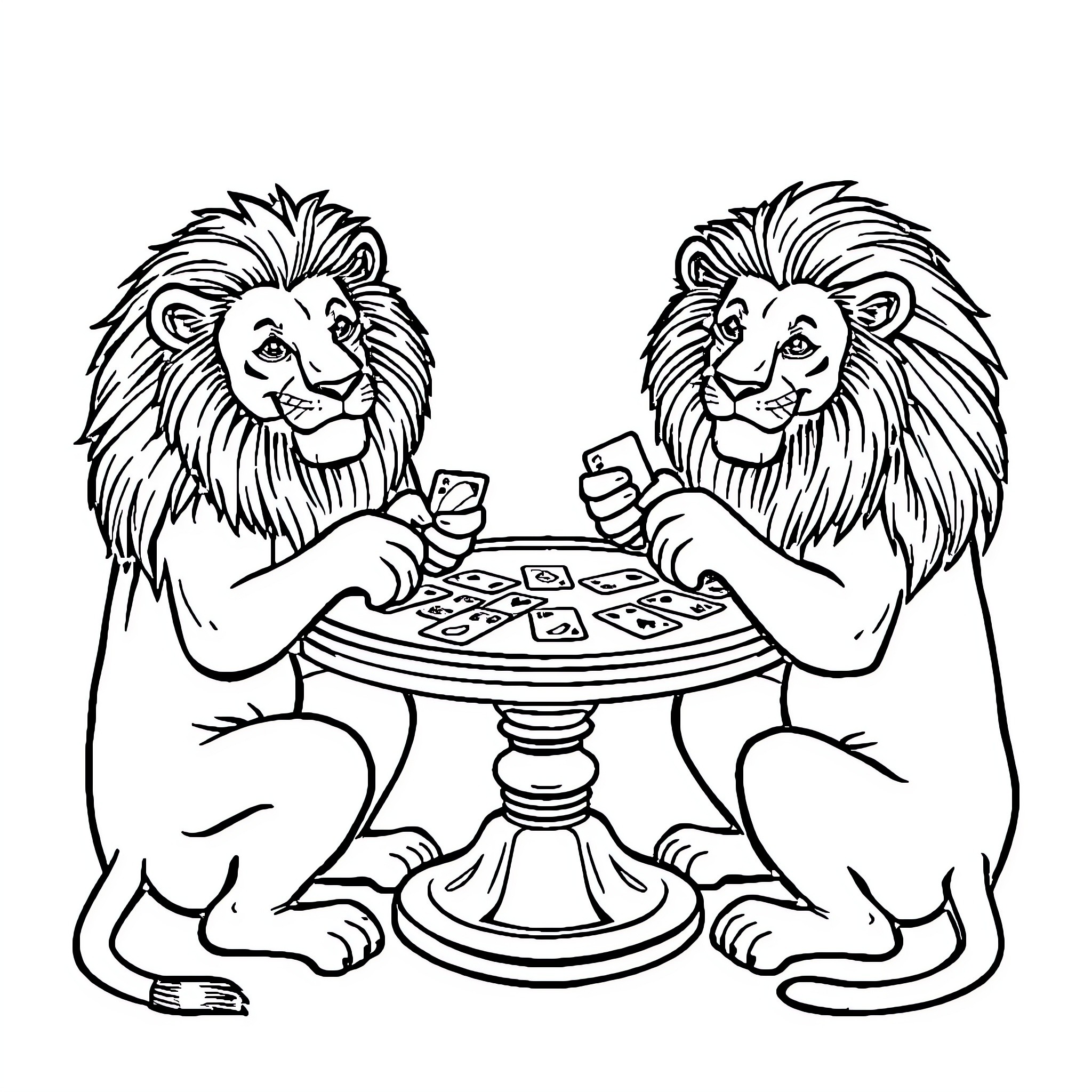Lion friends playing a game together Coloring Page (free black-and-white line drawing printable PDF for all, from beginners to advanced learners, including children, teens, adults, and seniors)