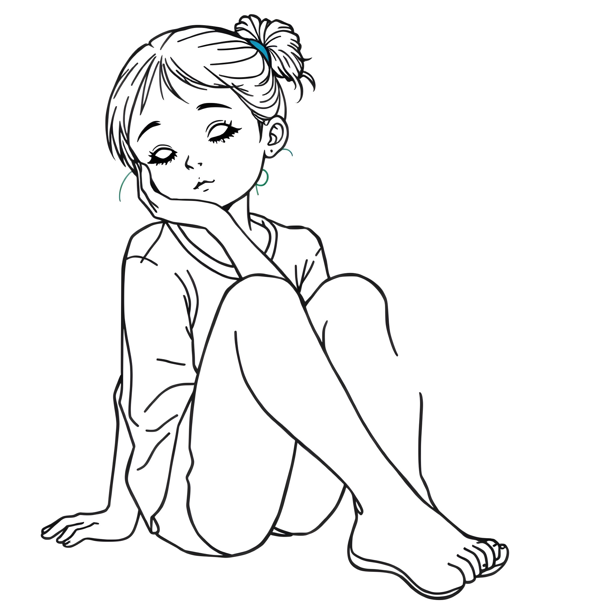 Girl sitting alone with closed eyes Coloring Page (free black-and-white line drawing printable PDF for all, from beginners to advanced learners, including children, teens, adults, and seniors)