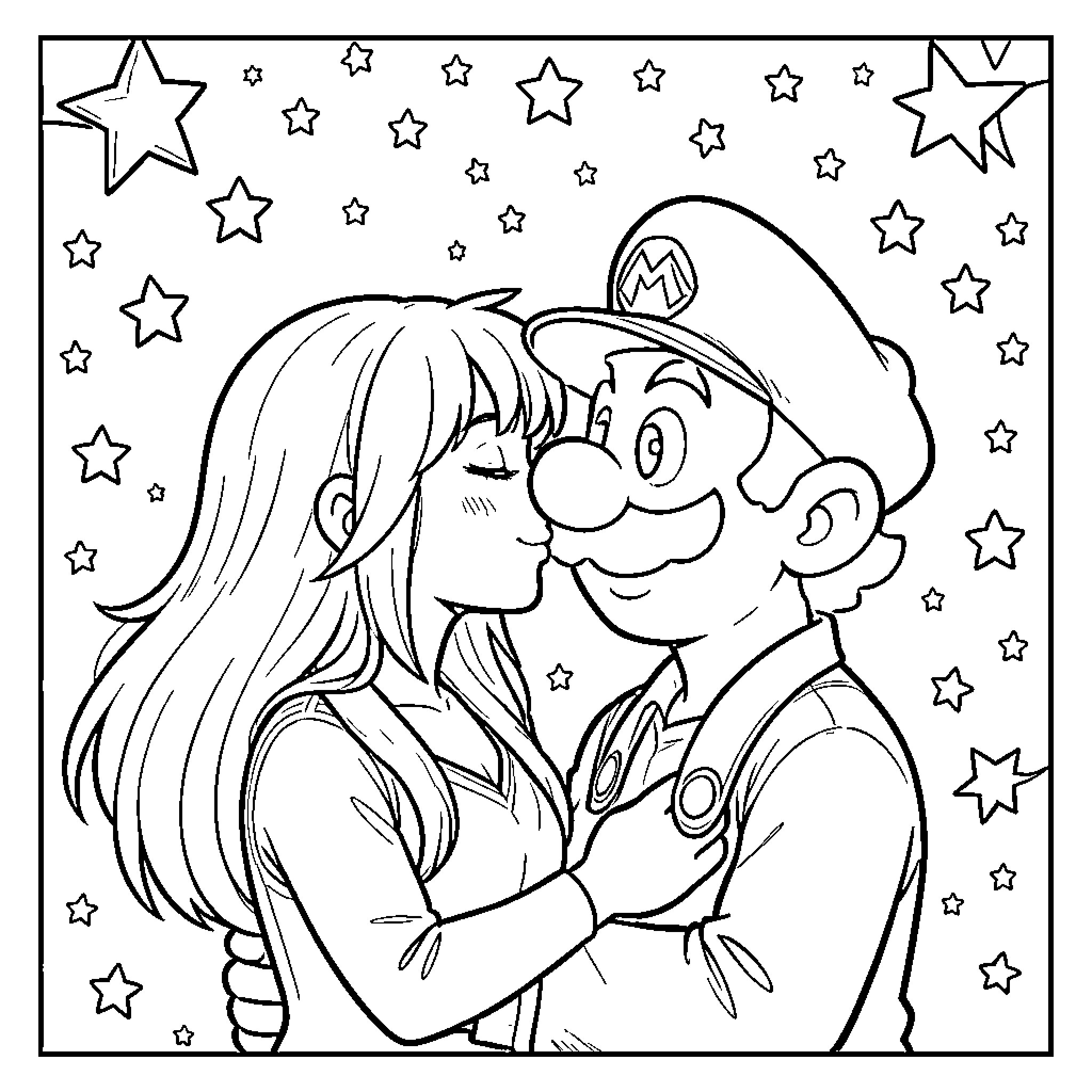 Mario hugging cheerful companion under starry sky Coloring Page (free black-and-white line drawing printable PDF for all, from beginners to advanced learners, including children, teens, adults, and seniors)